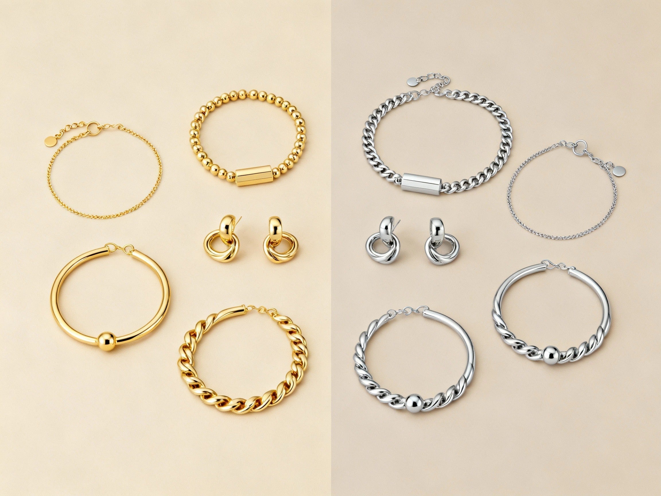 Gold plated and sterling silver jewellery arranged side by side for comparison