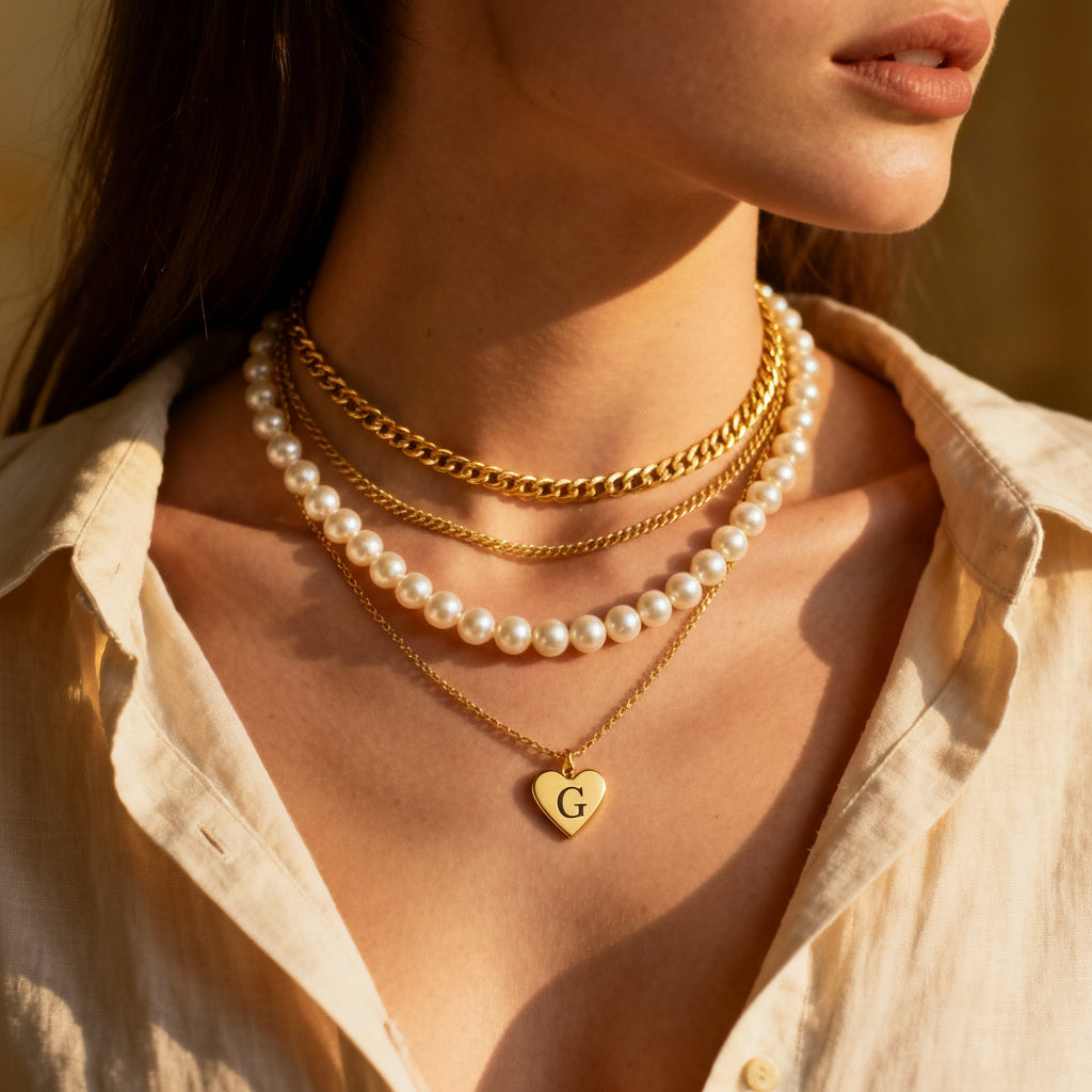Layered GLISTIA 18K PVD gold-plated stainless-steel chains, pearl necklaces and a gold heart pendant worn by model.