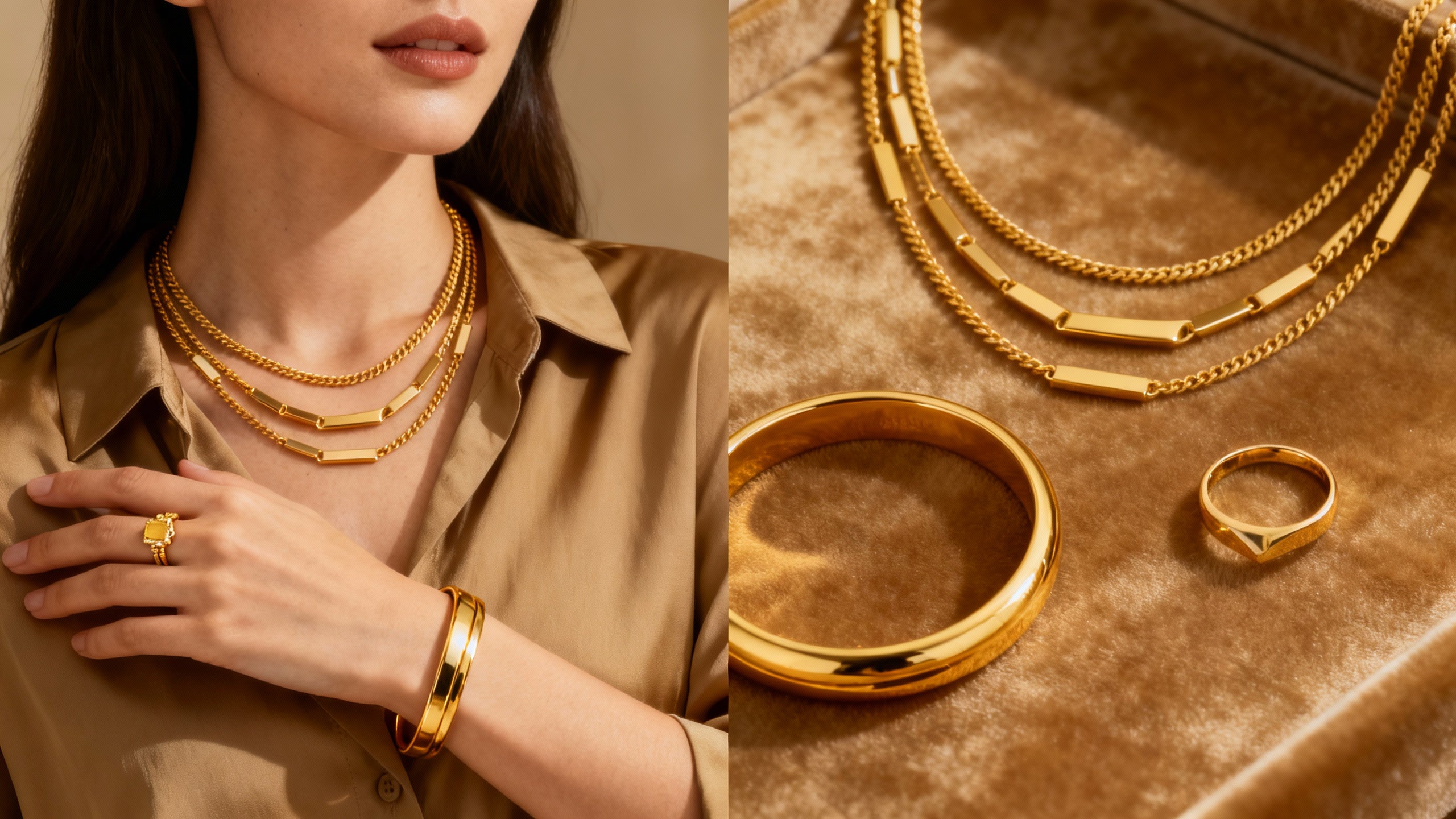 GLISTIA best-selling 18K PVD gold-plated jewellery crafted on high-grade stainless steel, worn by model and displayed as a flat-lay.