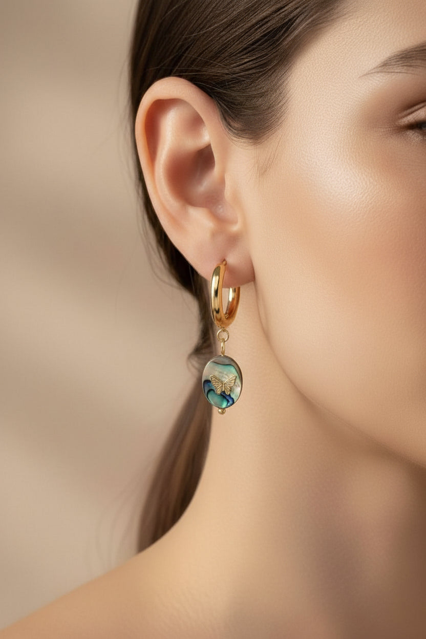 Close-up of abalone shell butterfly drop earrings showcasing natural iridescent shell tones and polished 18K PVD gold plating.