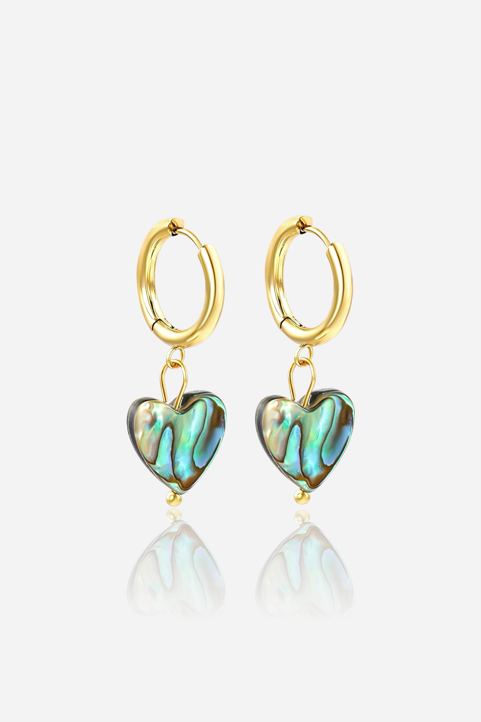 Iridescent abalone heart drop earrings on PVD 18K gold-plated stainless steel hoops - GLISTIA.