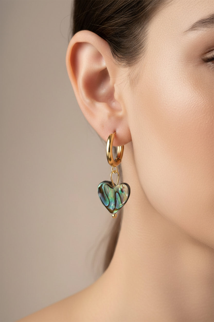 Abalone shell heart drop earrings crafted from stainless steel with 18K PVD gold plating, featuring iridescent heart-shaped abalone shell charms.