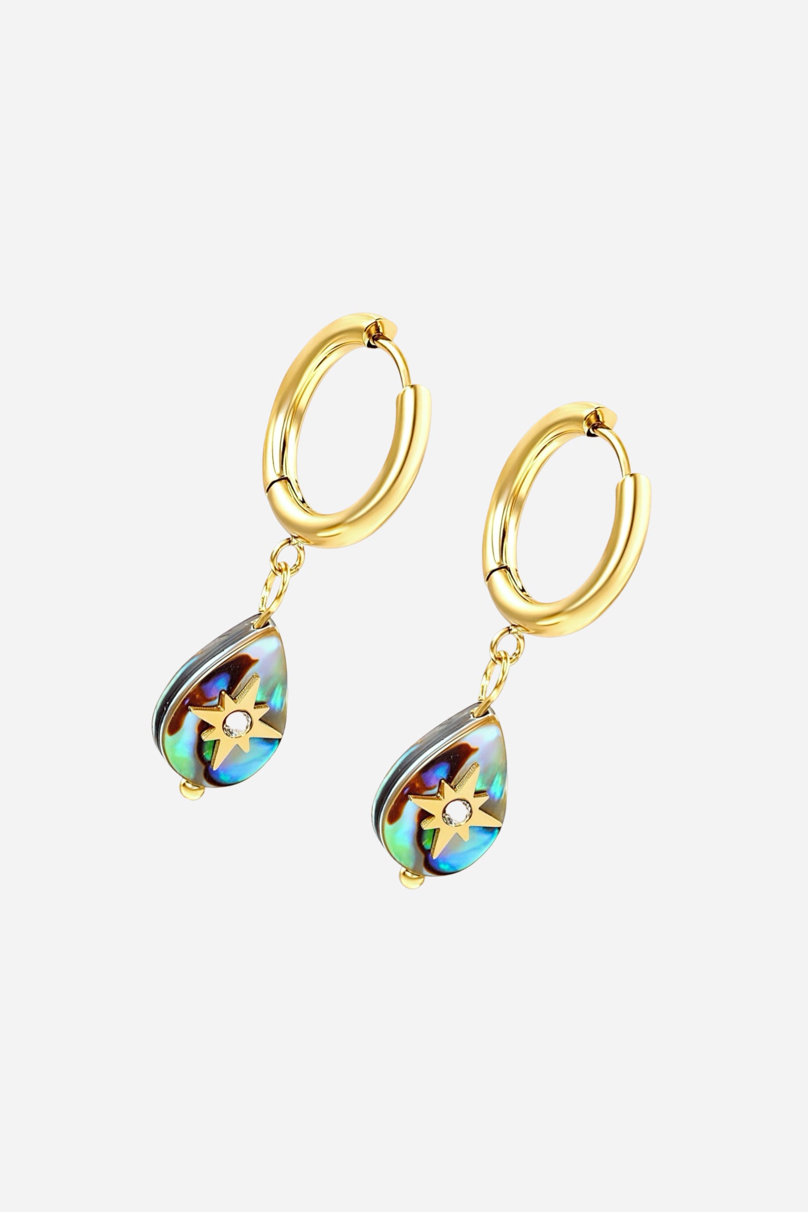 Close-up of GLISTIA Abalone Shell Sunburst Drop Earrings in 18K gold-plated stainless steel featuring teardrop abalone charms with crystal sunburst details.