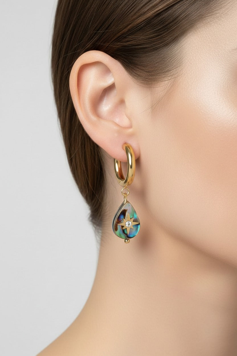 Abalone shell sunburst drop earrings in 18K PVD gold plated stainless steel with crystal accent