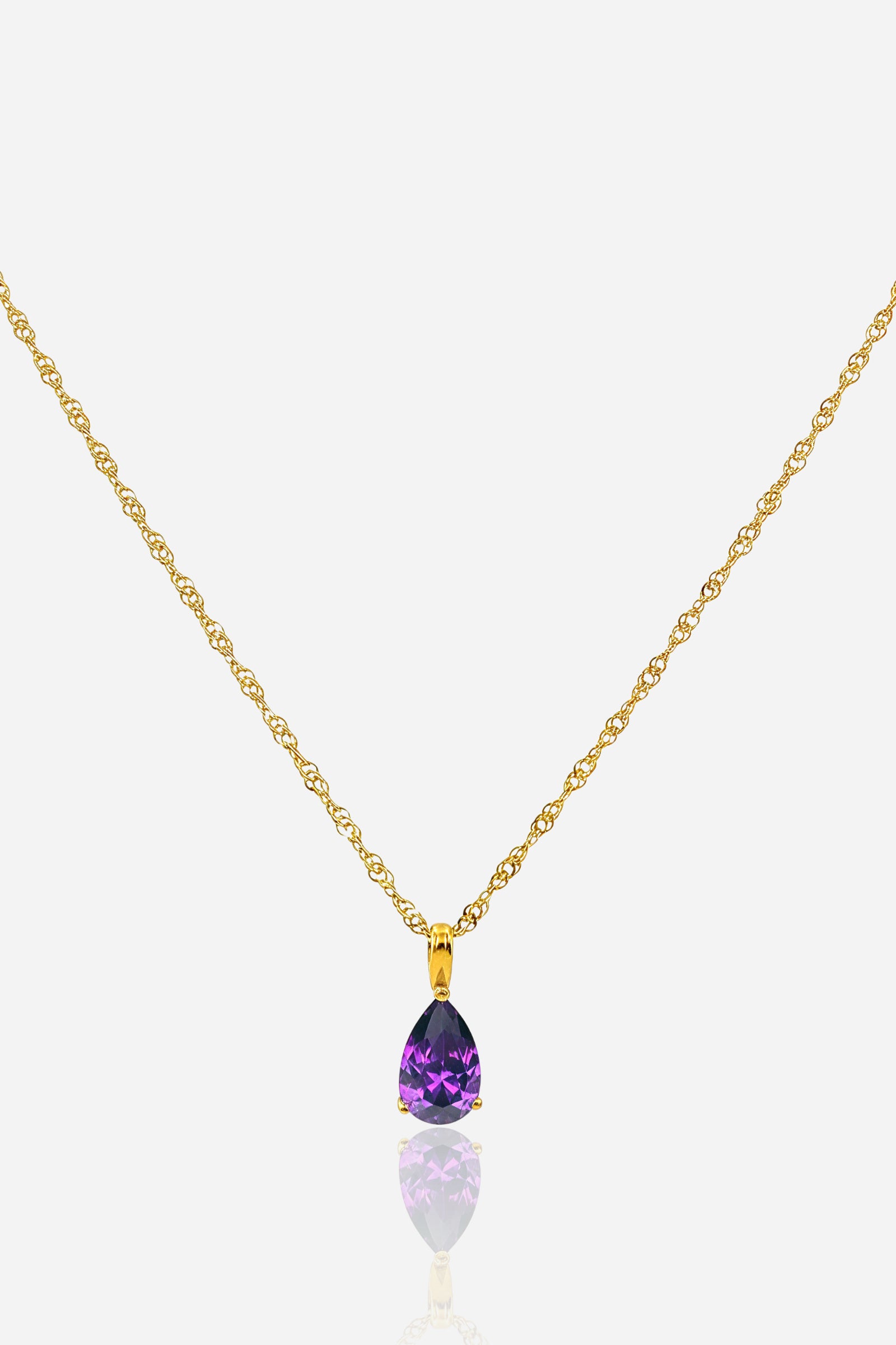 February amethyst birthstone pendant necklace with teardrop violet zircon on 18K gold-plated chain – GLISTIA.