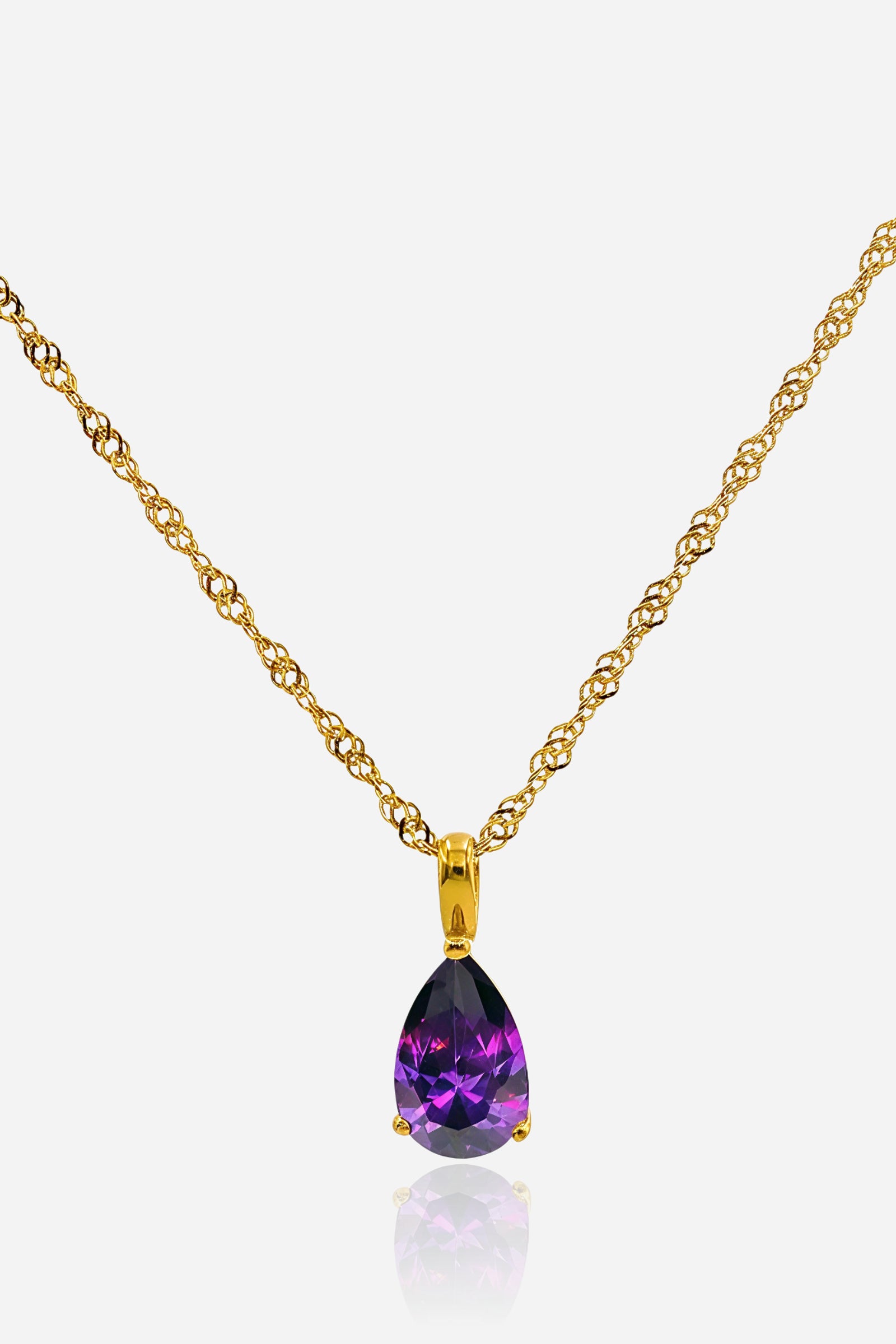 Top view of February amethyst teardrop pendant necklace with gold-plated chain – GLISTIA