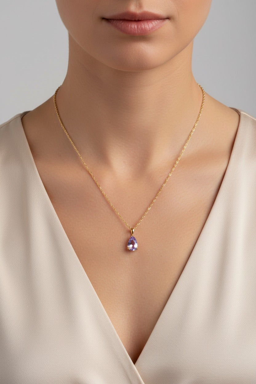 Amethyst light birthstone necklace for June with pear shaped lavender zircon in 18K PVD gold plated stainless steel