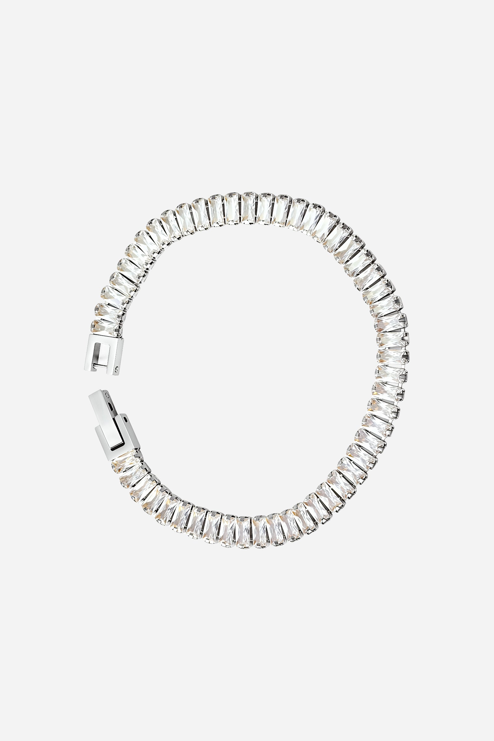 Side-angle view of the GLISTIA Aurora tennis bracelet highlighting the sleek silver tone and precision-set baguette stones.