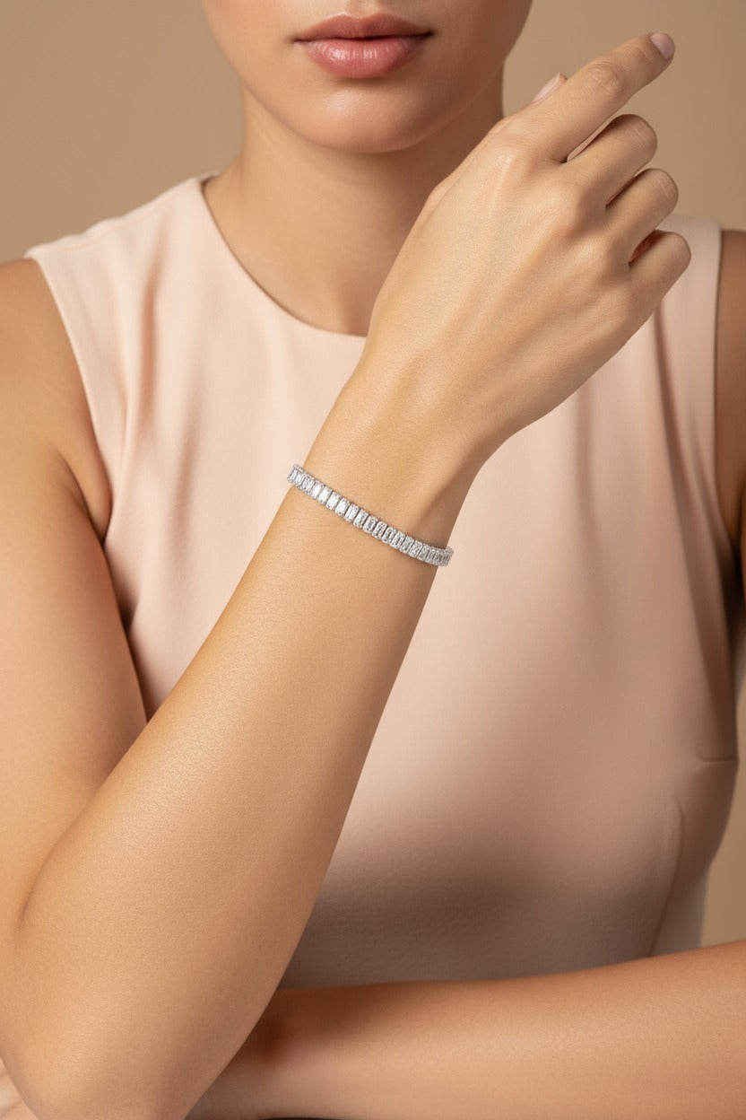 Aurora Baguette Tennis bracelet in stainless steel with elegant baguette crystal detailing