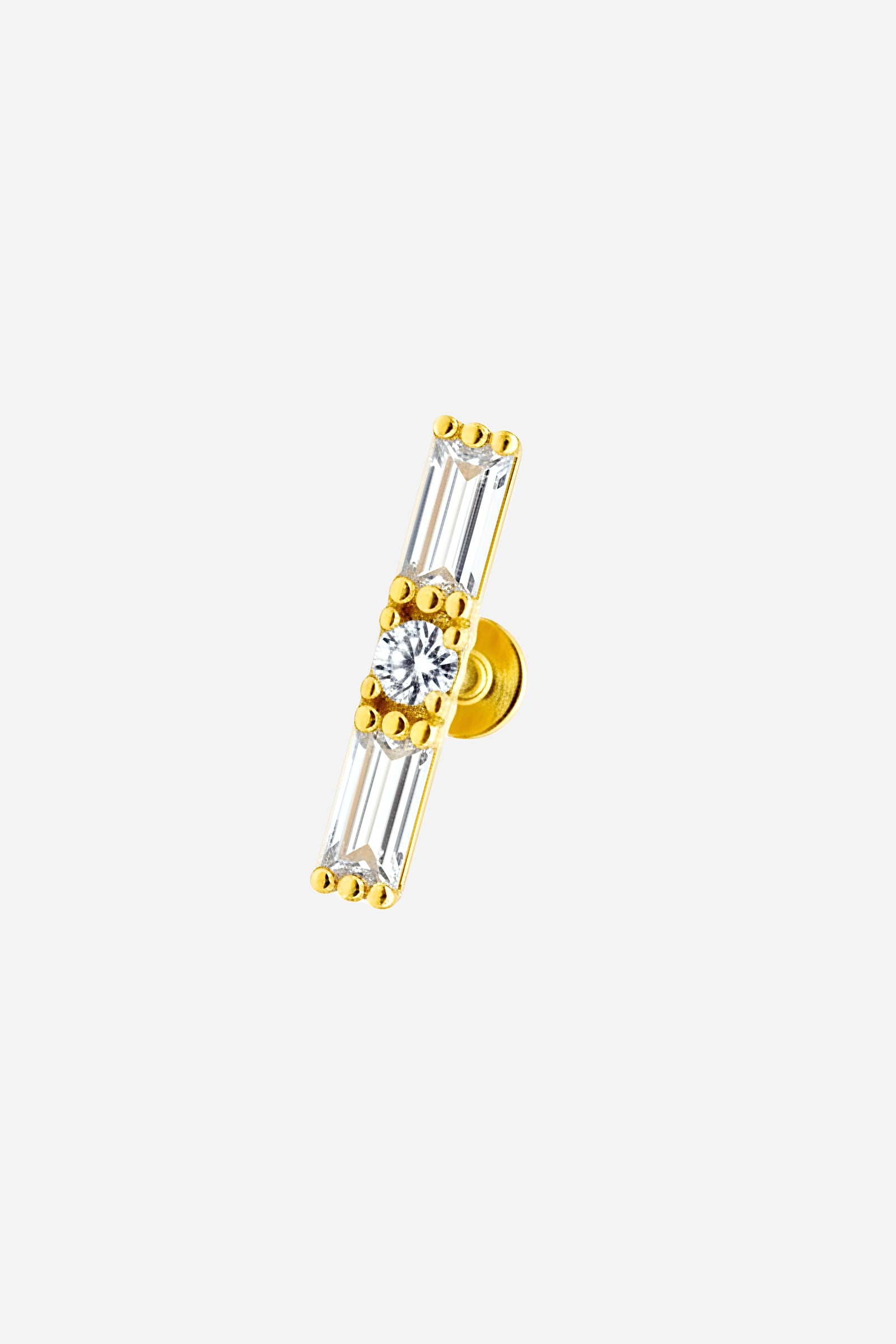 Gold barbell piercing earring with baguette and round zircon stones-GLISTIA.