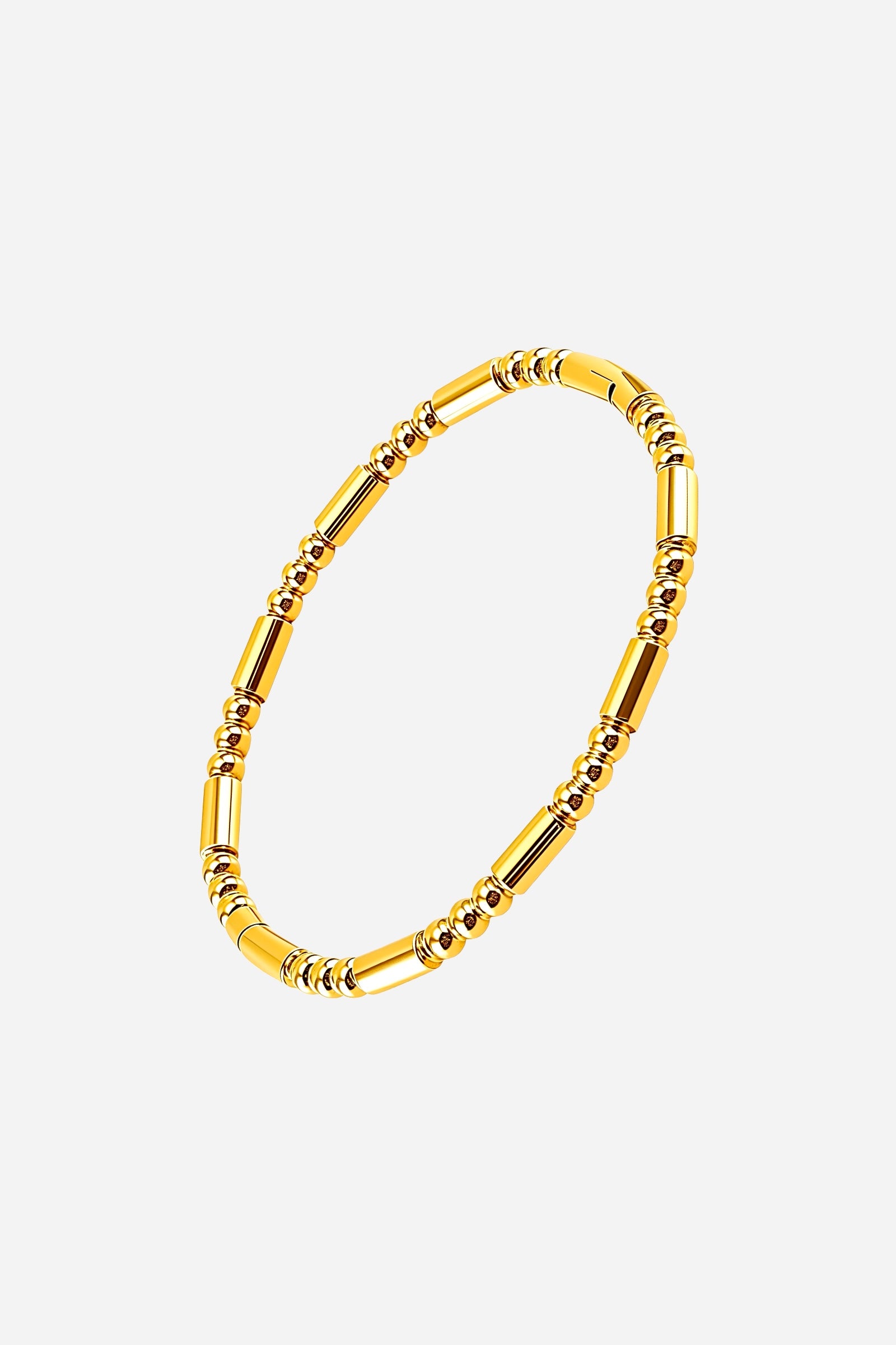 Side angle of the 18K gold plated Beaded Tube Bangle highlighting its high-polish finish and seamless alternating bead pattern - GLISTIA.