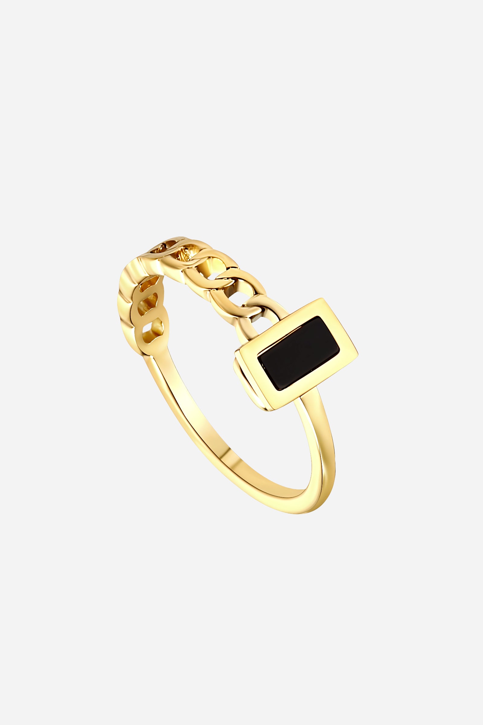 Close-up of GLISTIA PVD 18K gold plated chain ring highlighting the glossy black enamel and polished gold finish.