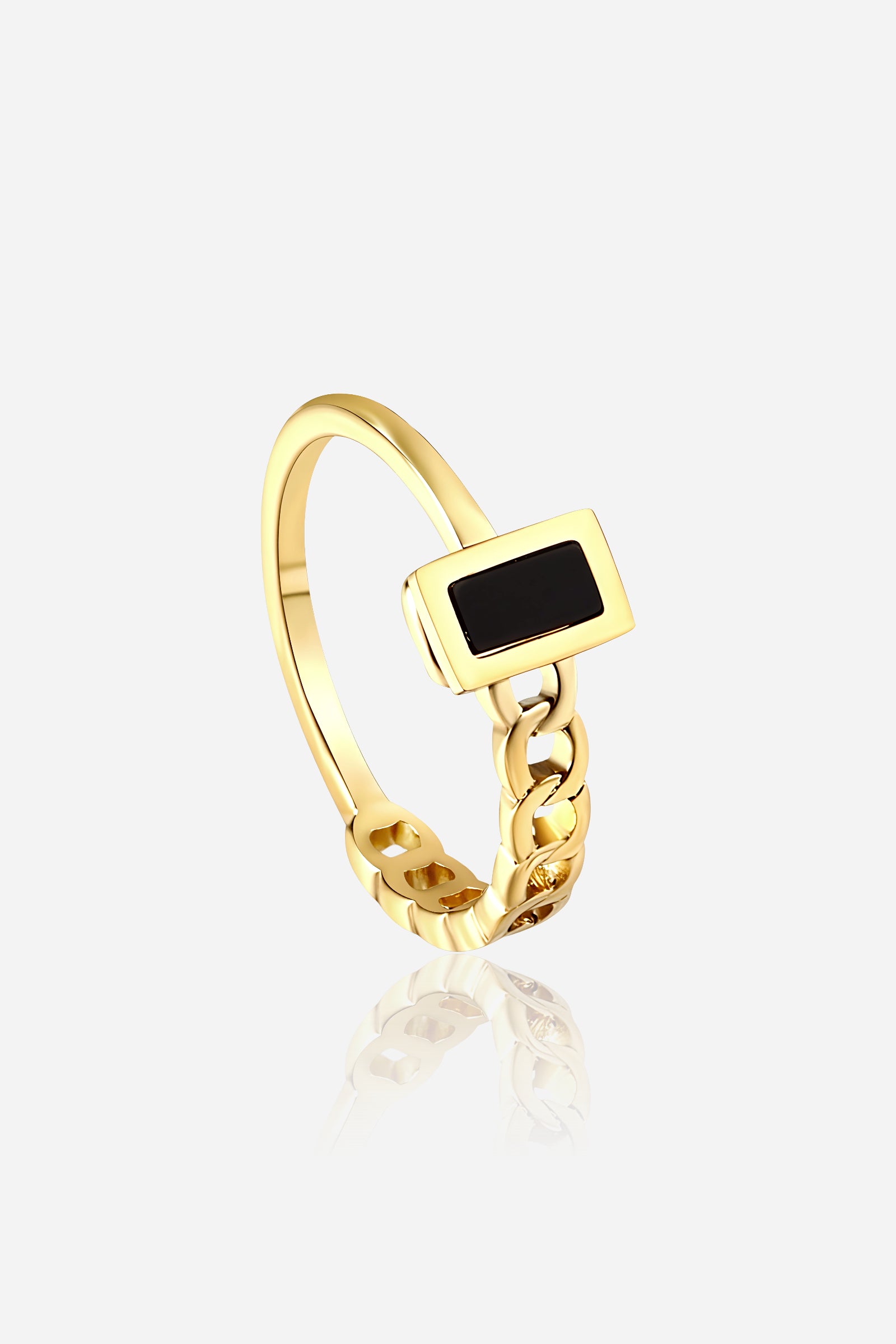 GLISTIA Black Enamel Chain Ring front view in PVD 18K gold plated stainless steel with rectangular enamel detail.