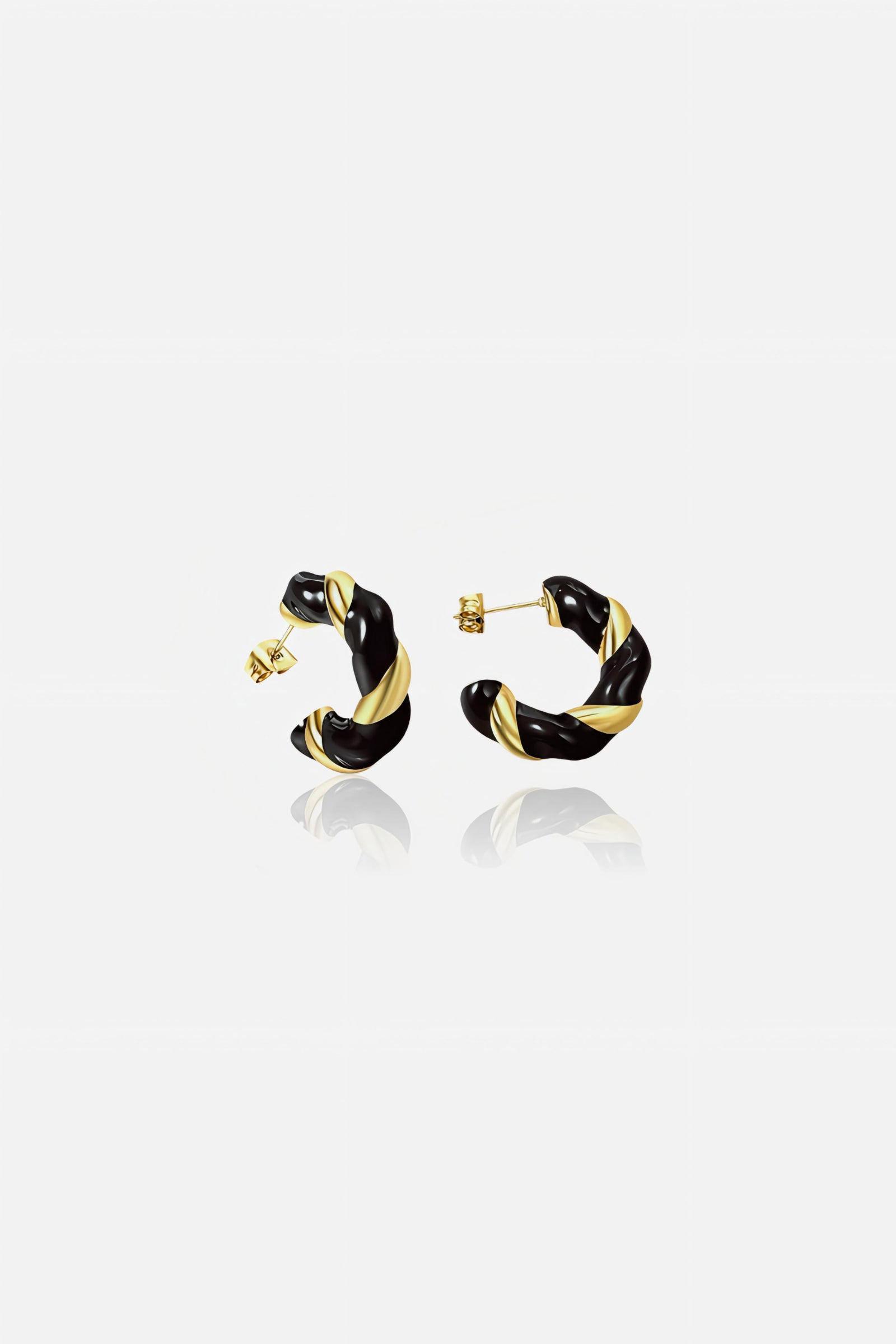 Black and gold twist C-hoop earrings in stainless steel with PVD 18K gold plating and glossy black enamel elegant modern design by GLISTIA.