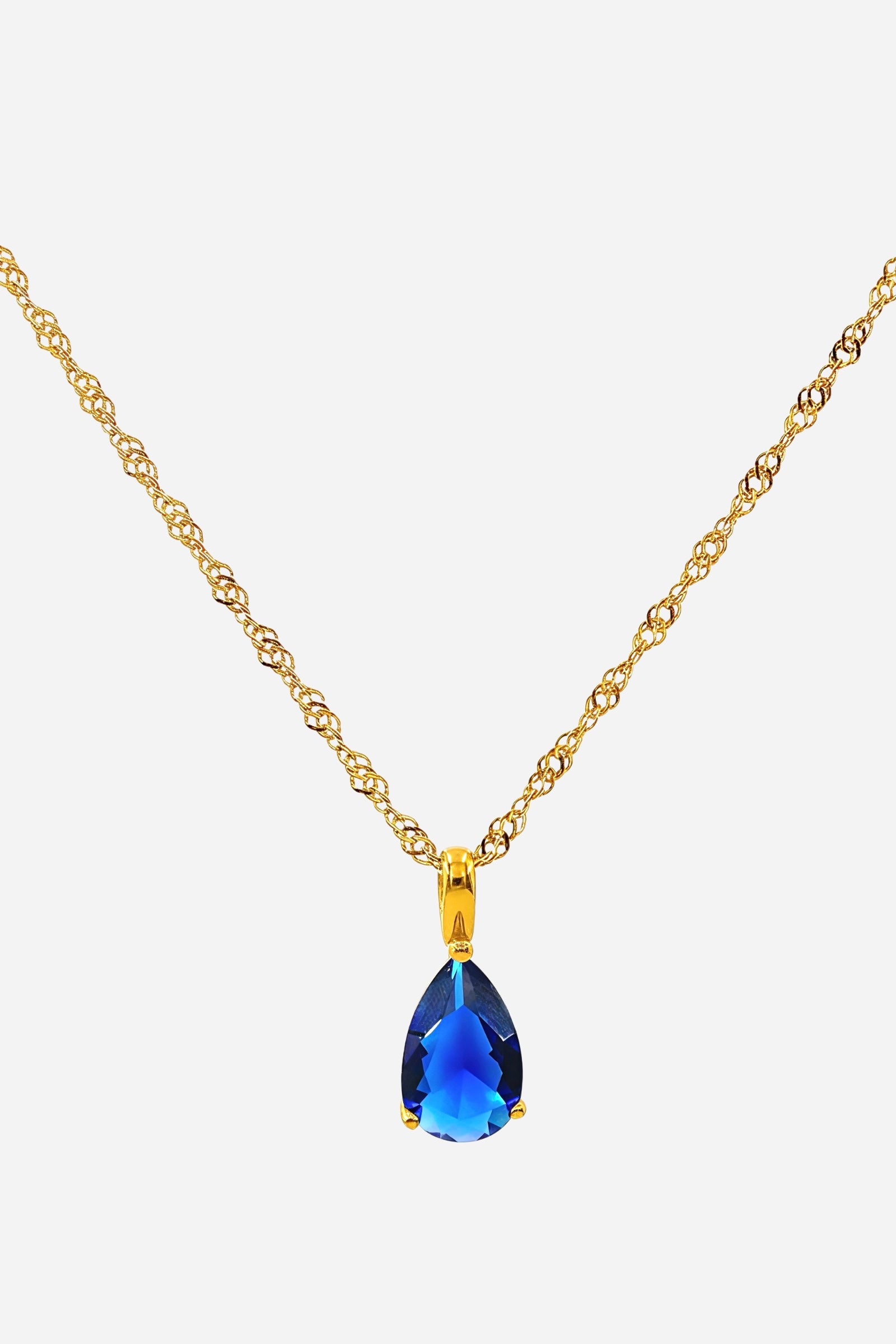 Blue Zircon Birthstone Necklace December – front view, 18K gold plated stainless steel with pear-cut blue zircon by GLISTIA.