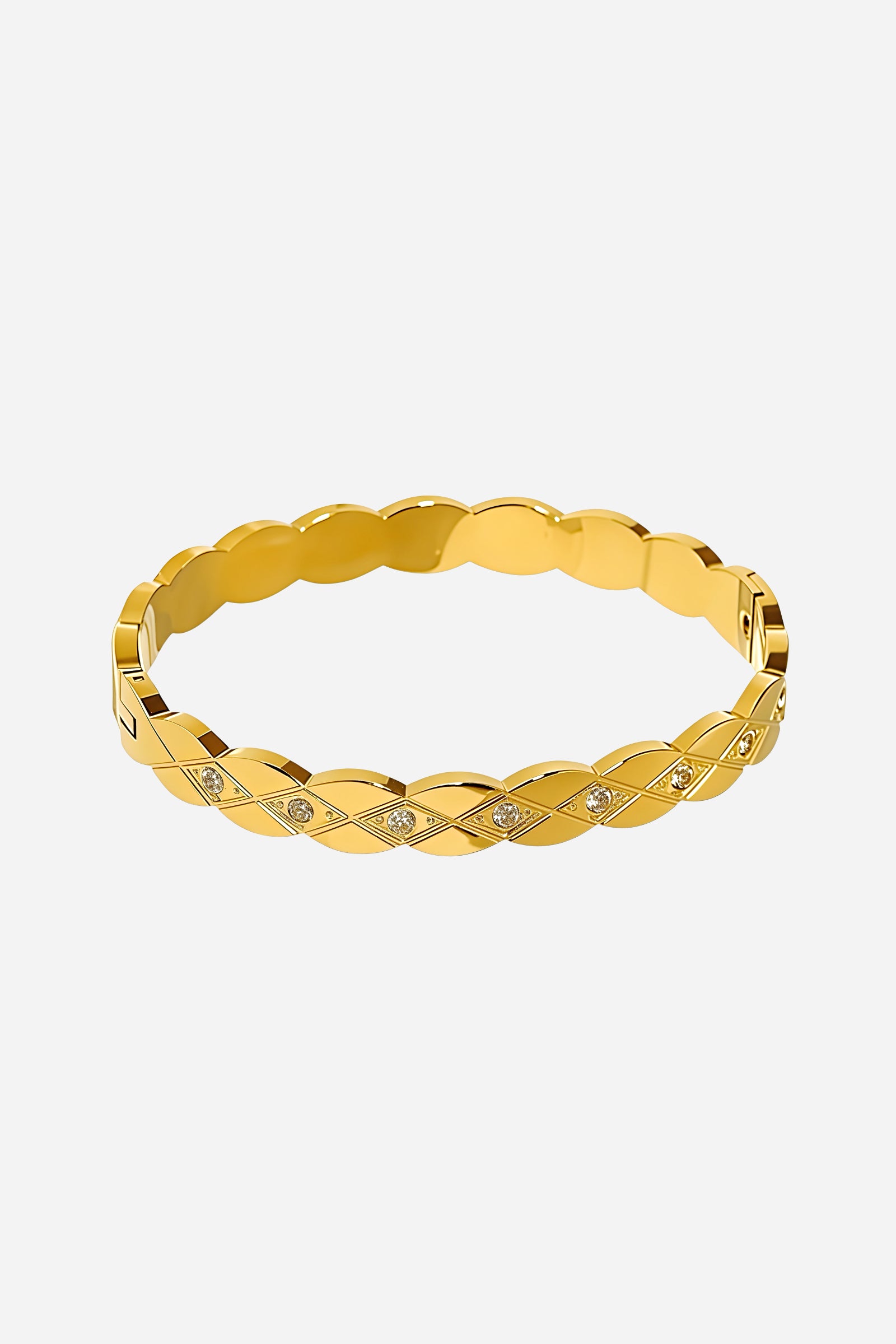 Front view of braided crystal bangle crafted in stainless steel with a PVD 18K gold-plated finish, featuring diamond-patterned texture and cubic zirconia accents – GLISTIA.