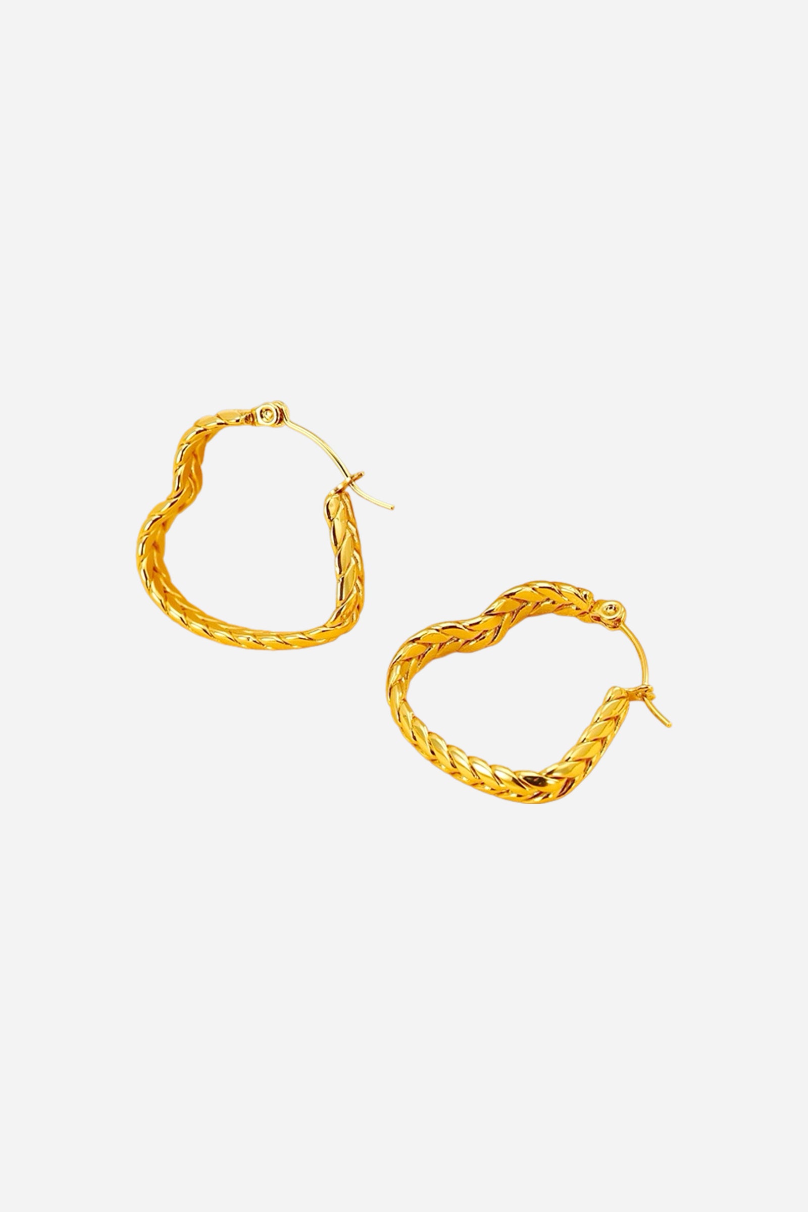 Top view braided heart hoop earrings crafted in stainless steel with a lustrous 18K gold plated finish, featuring an interwoven braid texture in a romantic heart-shaped silhouette – GLISTIA