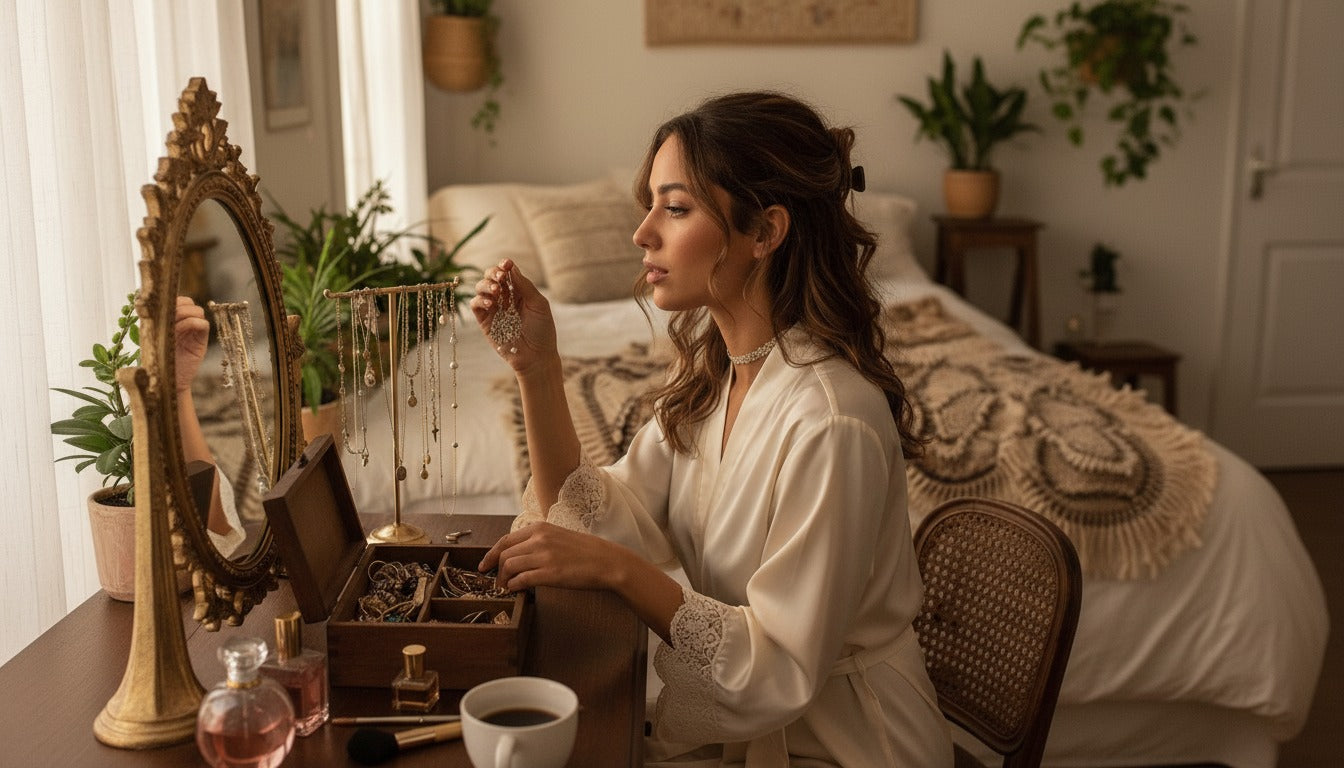 Timeless everyday jewellery essentials including 18K PVD gold plated necklace, earrings, bracelet, and ring designed for versatility and longevity.