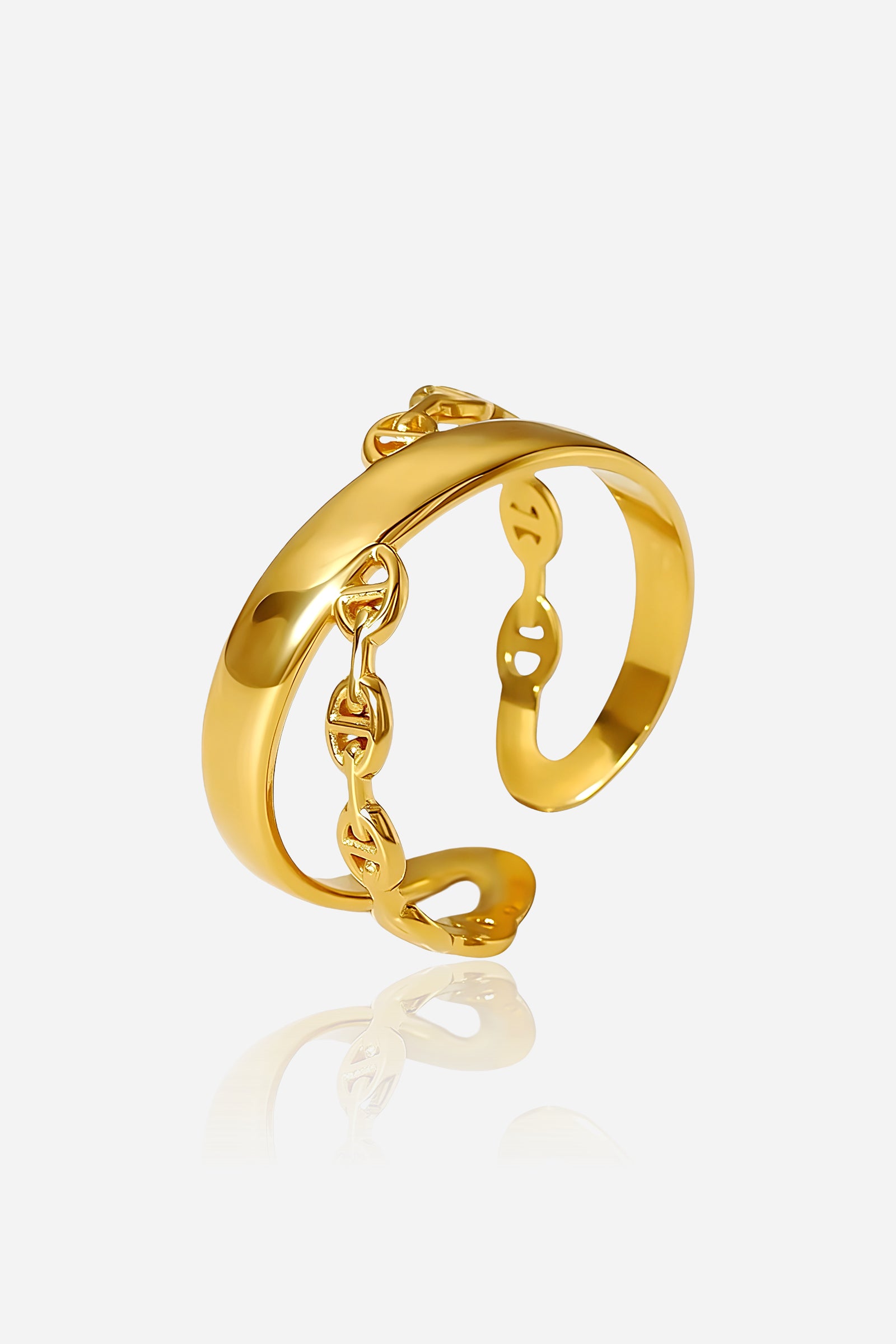 GLISTIA Chain Link Adjustable Ring front view in PVD 18K gold plated stainless steel with open-band chain detailing.