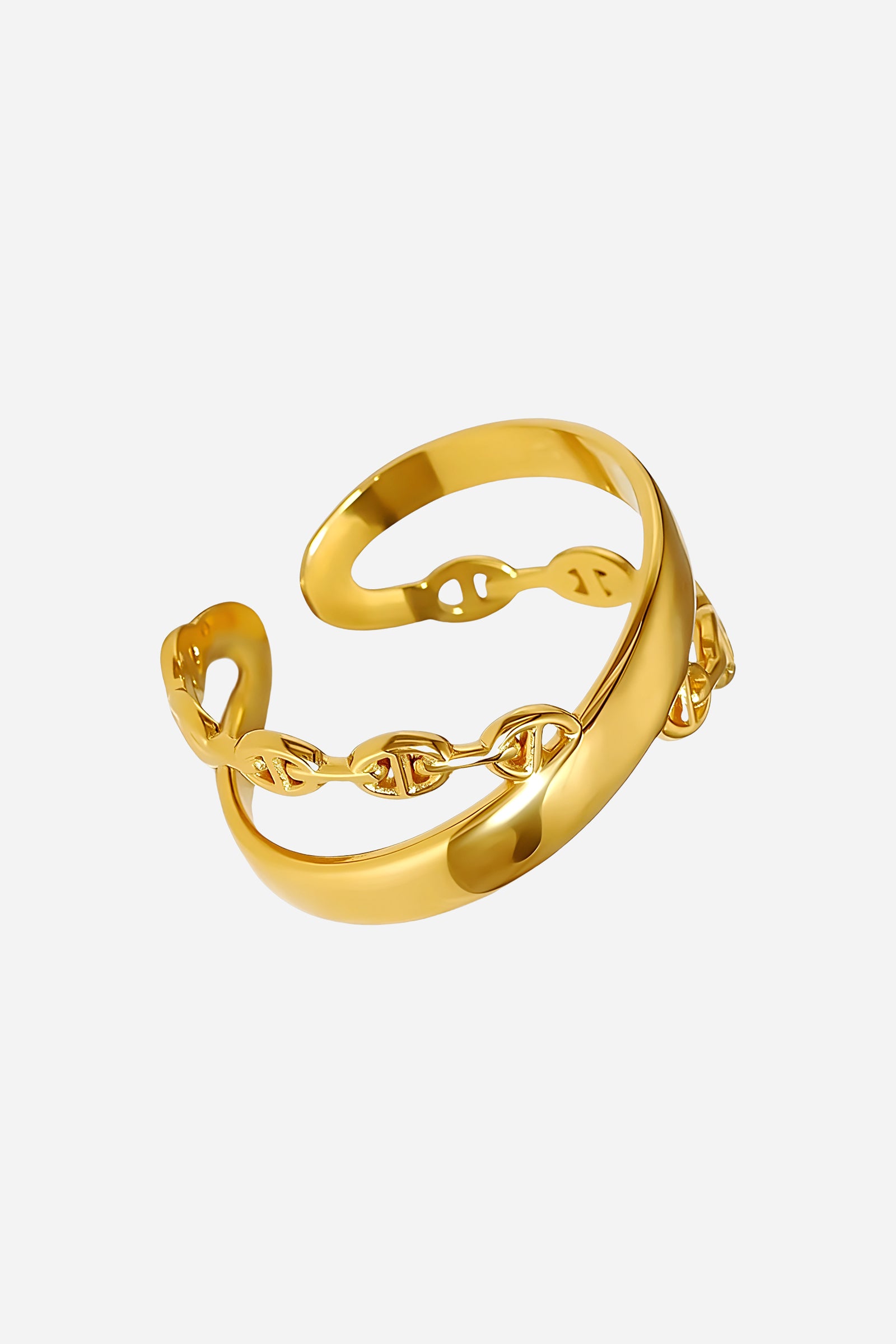 Side-angle image of GLISTIA Chain Link Adjustable Ring showcasing the open design and interlinked chain elements.