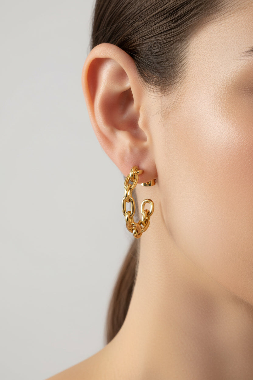 18K PVD gold plated chain link hoop earrings worn on ear, water safe and tarnish resistant jewellery by GLISTIA