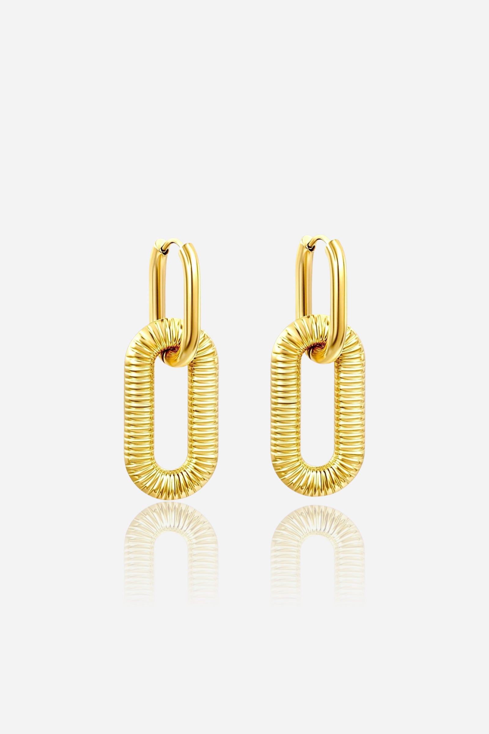 Front view of Chunky Gold Link Drop Earrings crafted from PVD 18K gold-plated stainless steel, featuring textured oval links and a bold modern silhouette – GLISTIA.
