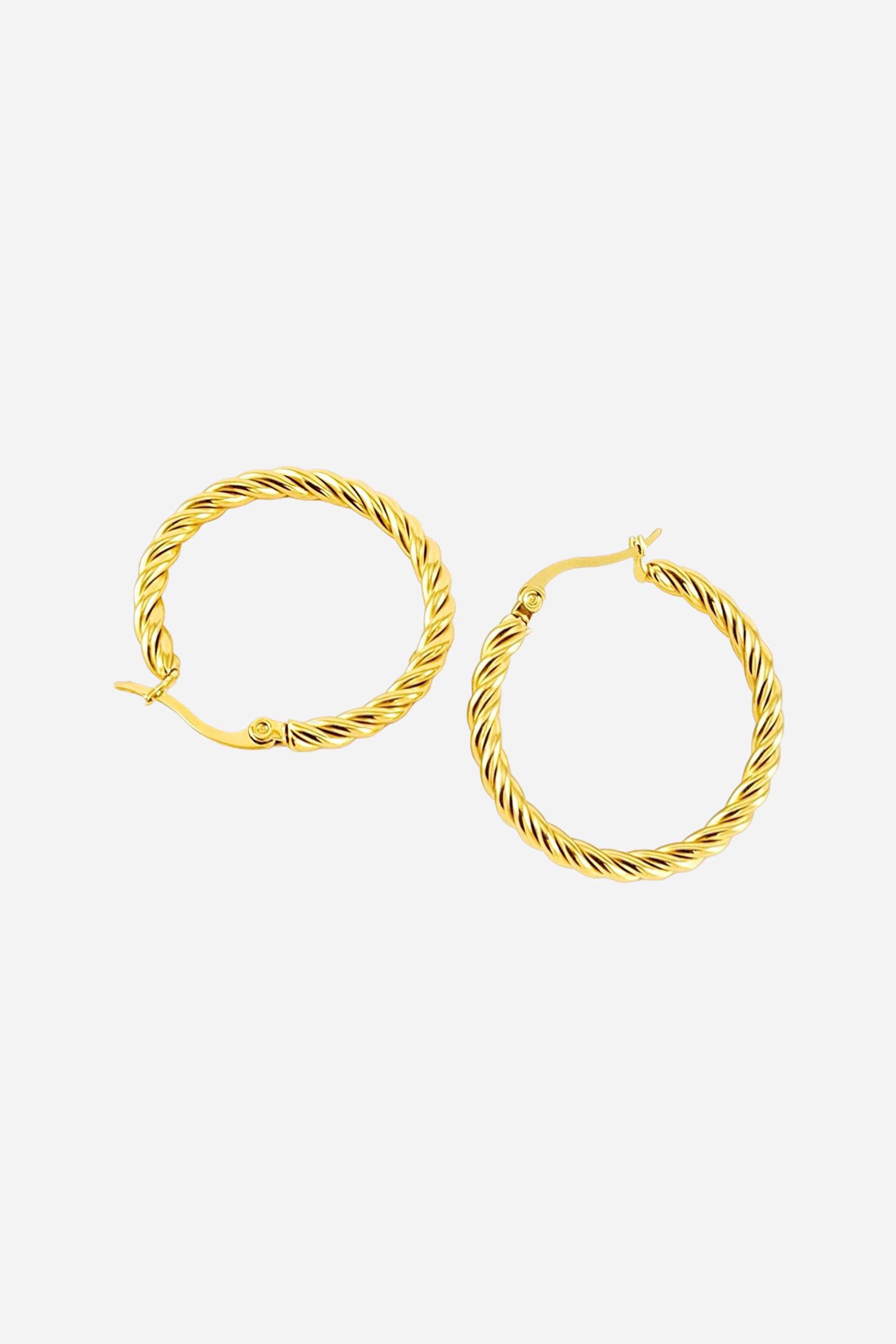 Top view of classic twisted rope hoop earrings crafted from stainless steel with a radiant PVD 18K gold plated finish, showcasing a detailed rope-style texture and circular open-hoop form – GLISTIA.