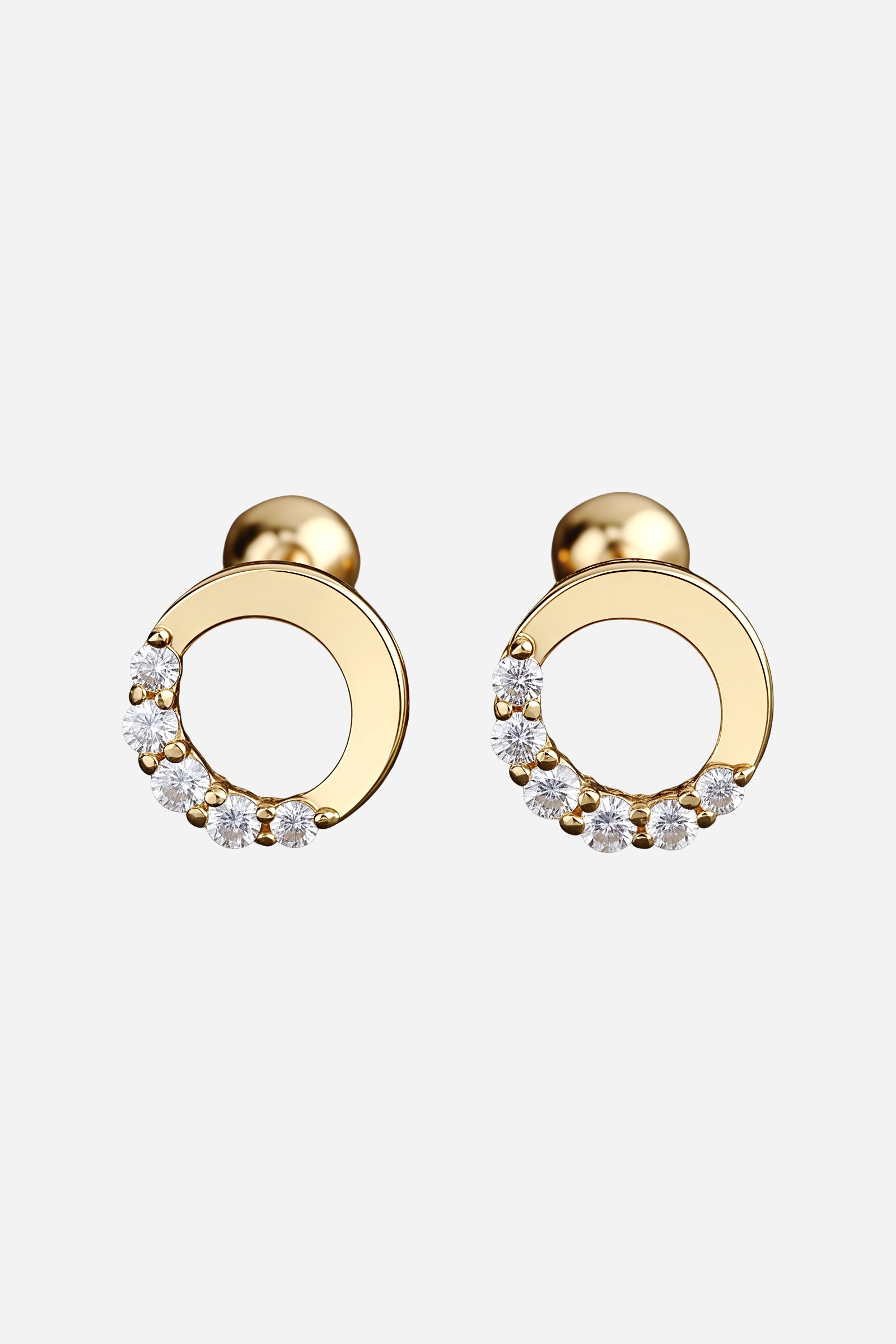 Side view of gold crescent moon stud earring with clear crystal detailing and ball-back screw pair stud - GLISTIA