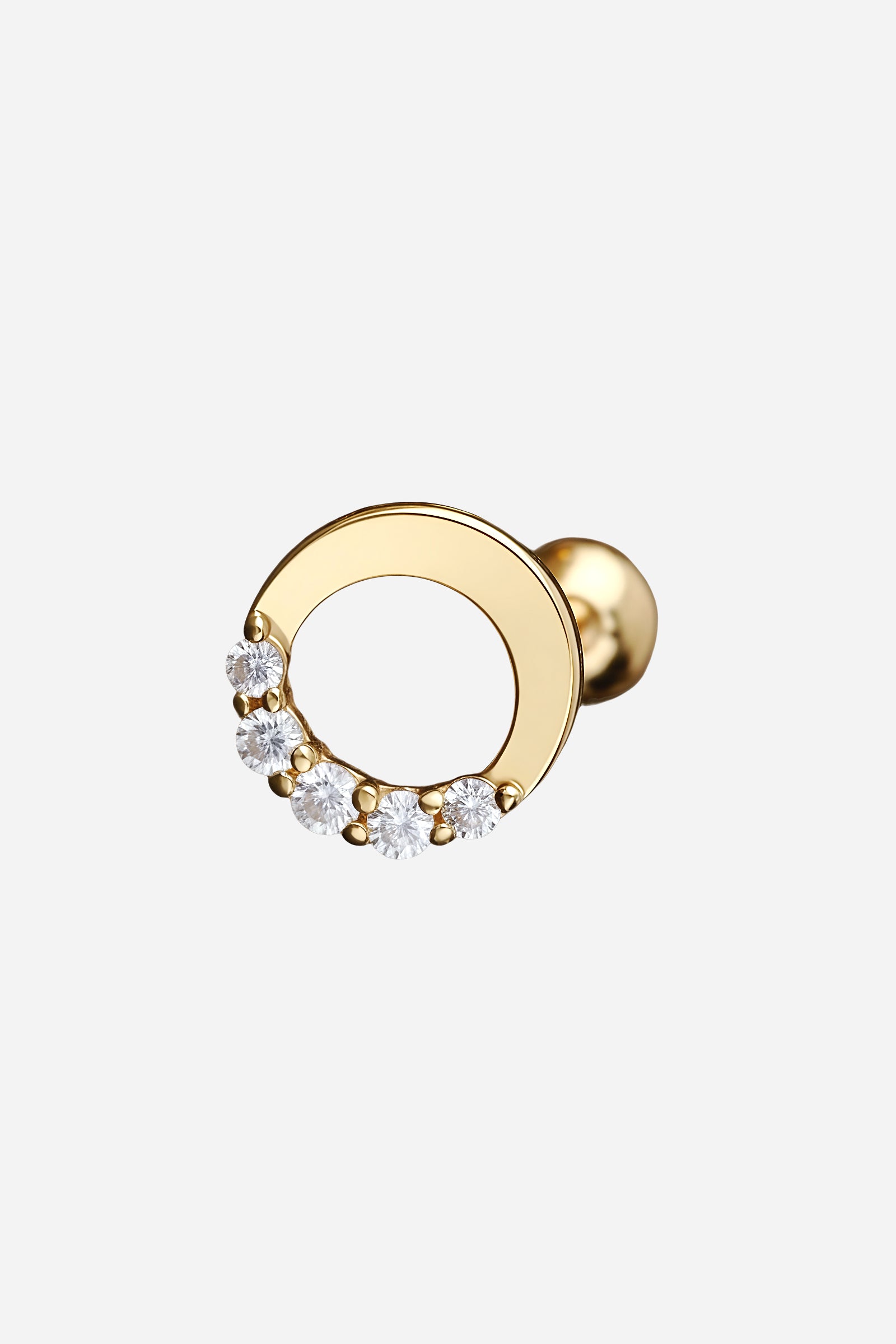 Side view of gold crescent moon stud earring with clear crystal detailing and ball-back screw single - GLISTIA