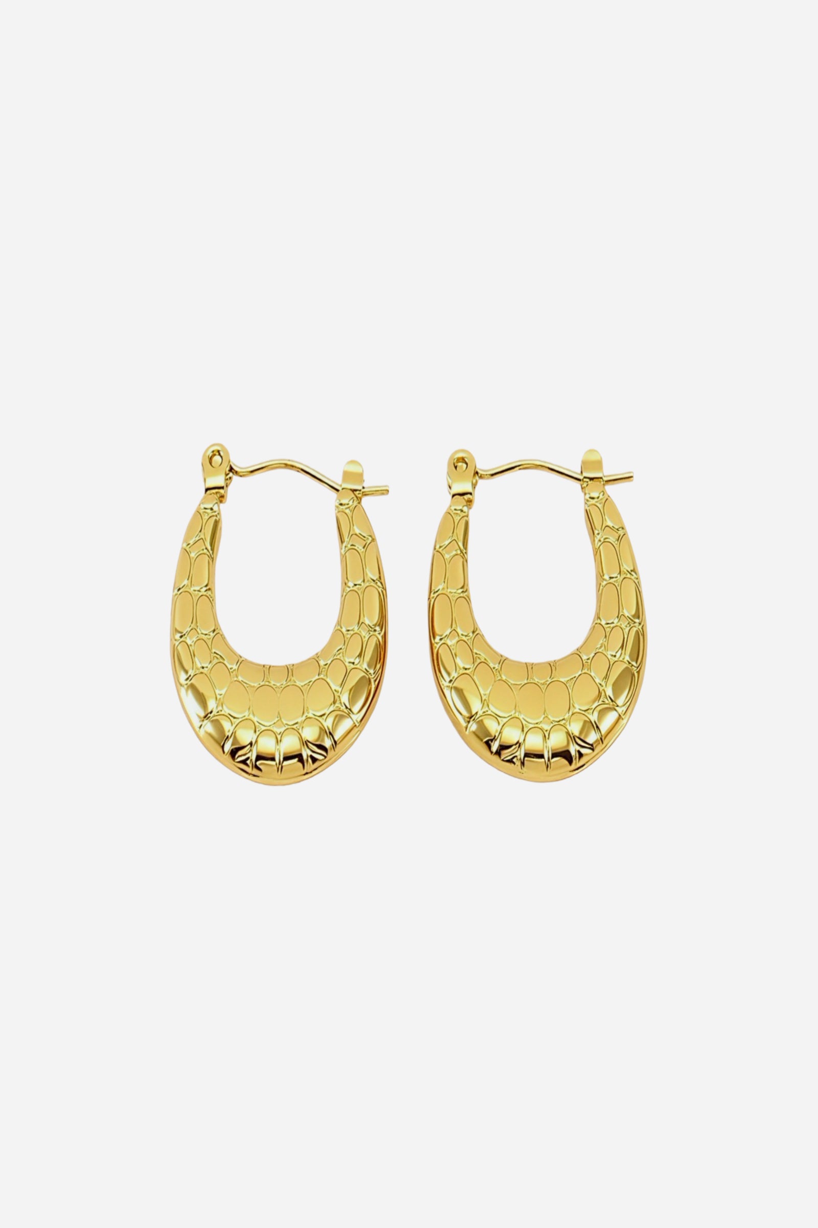 Crocodile texture gold hoop earrings crafted in stainless steel with a smooth and embossed 18K gold plated finish, featuring a modern U-shape design – GLISTIA.
