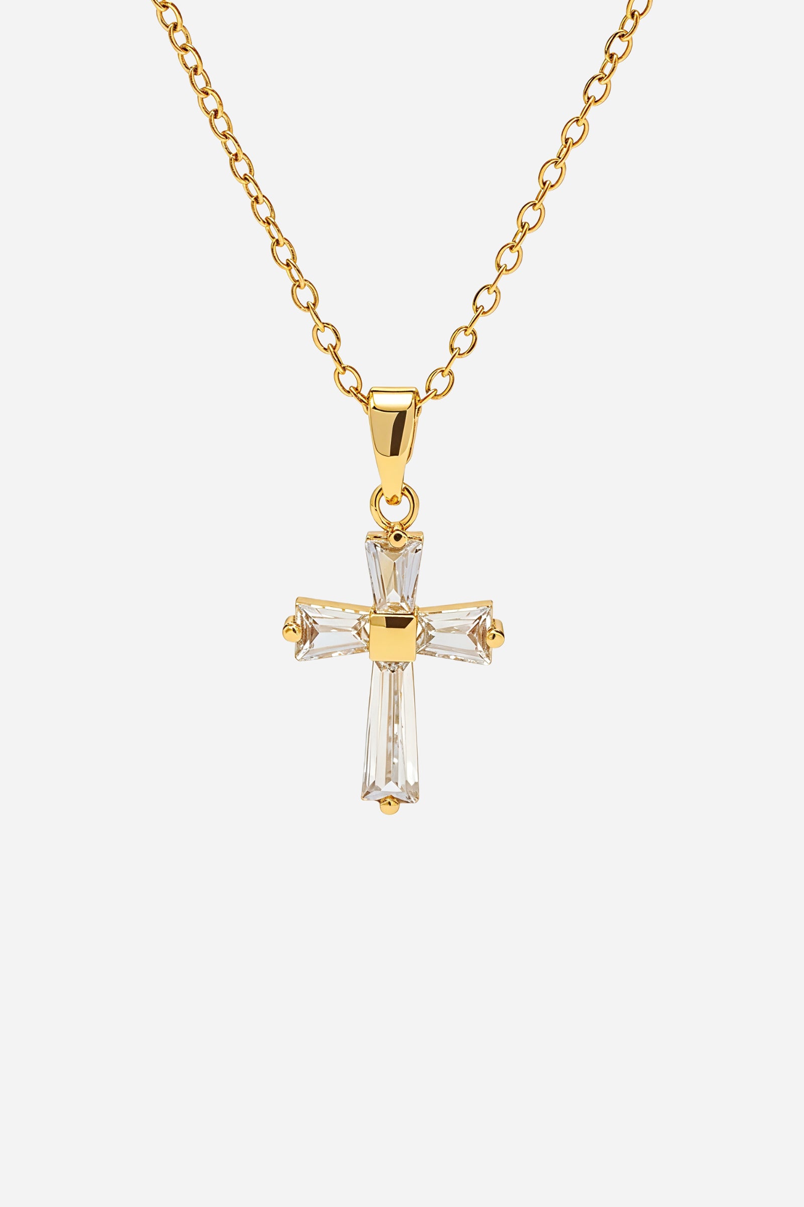 Front view of GLISTIA Crystal Cross Pendant Necklace with baguette-cut zircon stones.
