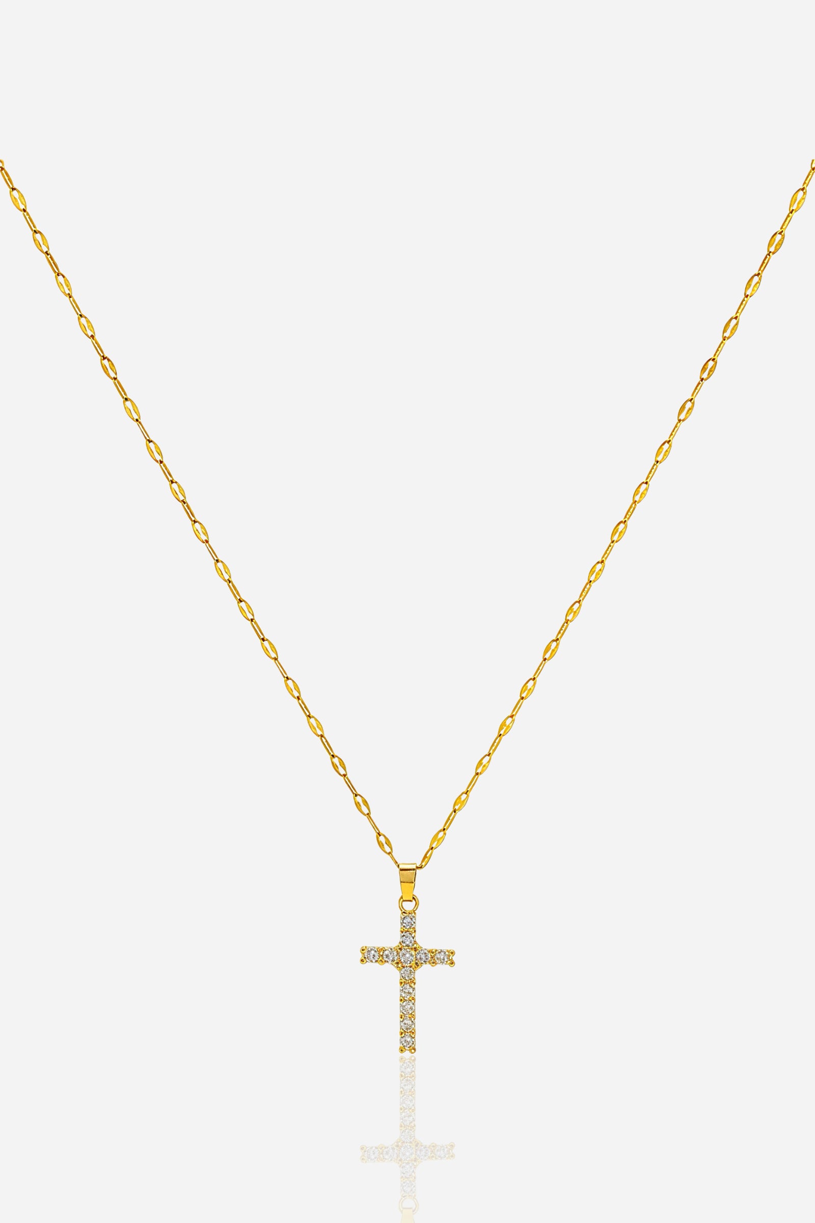 Zoom view of GLISTIA Crystal Cross Pendant Necklace with baguette-cut zircon stones.