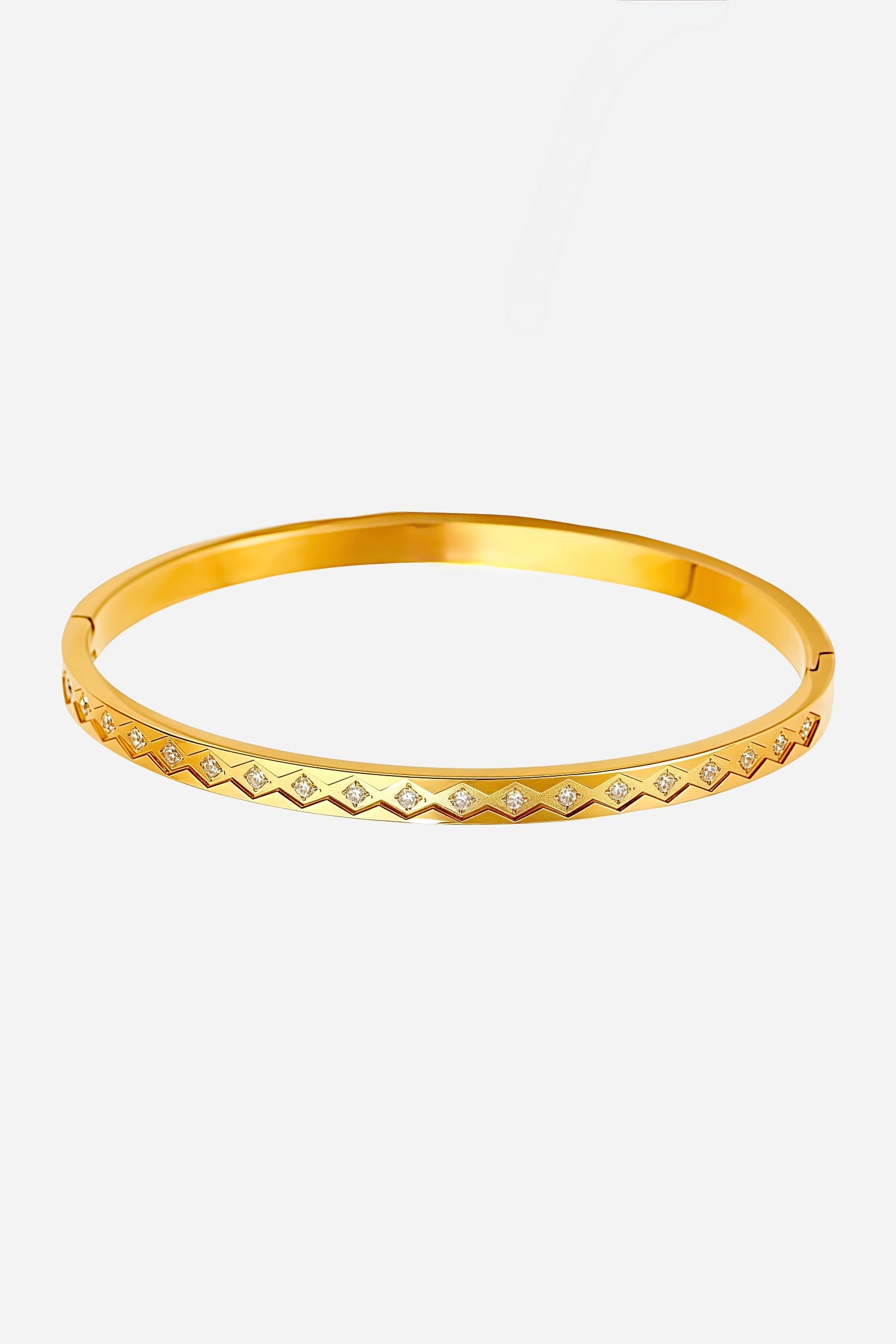 Front view of the Diamond Pattern Crystal Bangle crafted from stainless steel with PVD 18K gold plating, featuring precision-cut cubic zirconia stones arranged in a diamond grid pattern – GLISTIA.