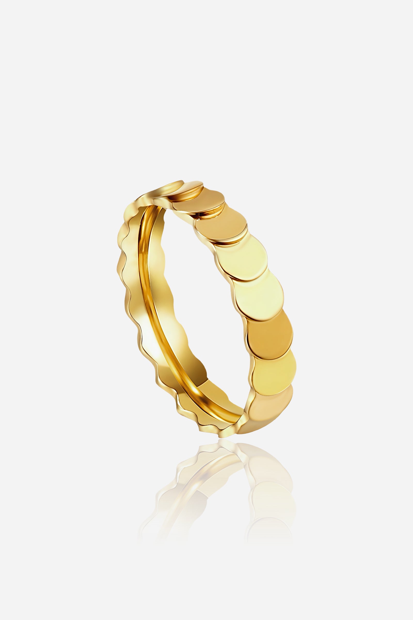 GLISTIA Disc Pattern Band Ring front view in PVD 18K gold plated stainless steel with polished disc detailing.