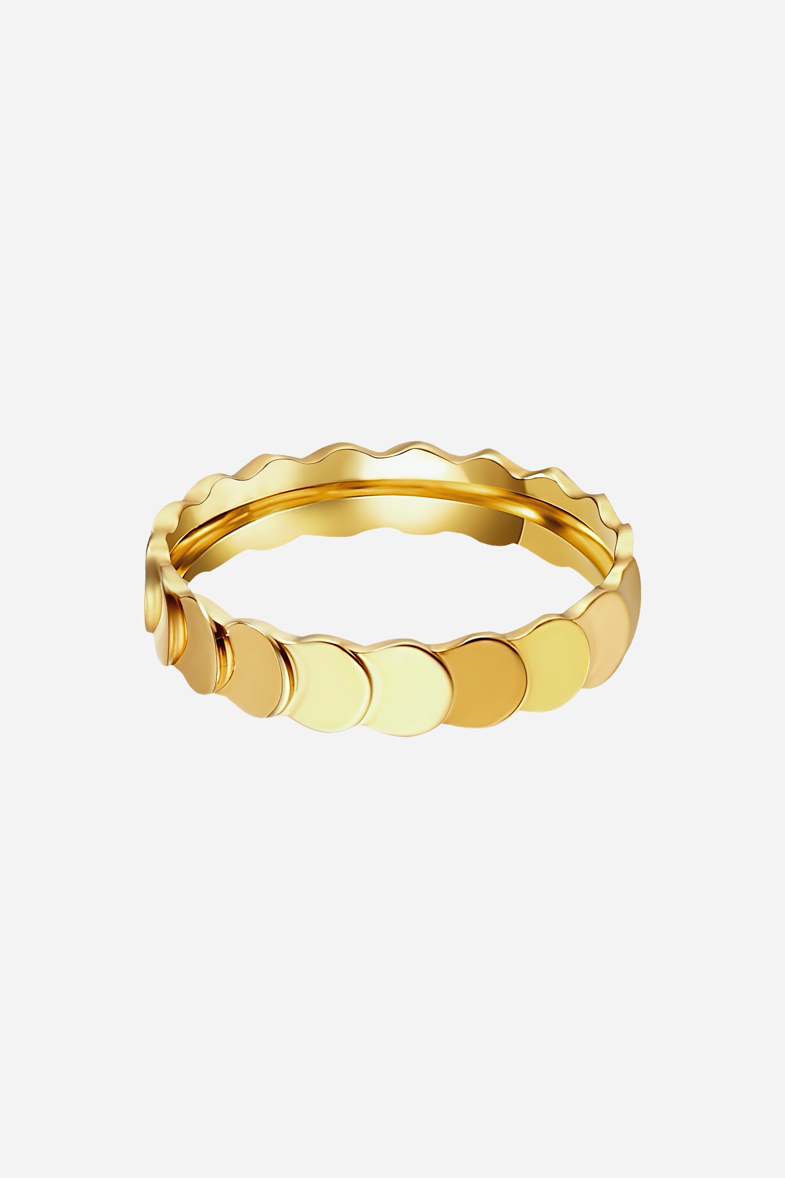 Top-view of GLISTIA gold disc band ring featuring a continuous round-disc design.