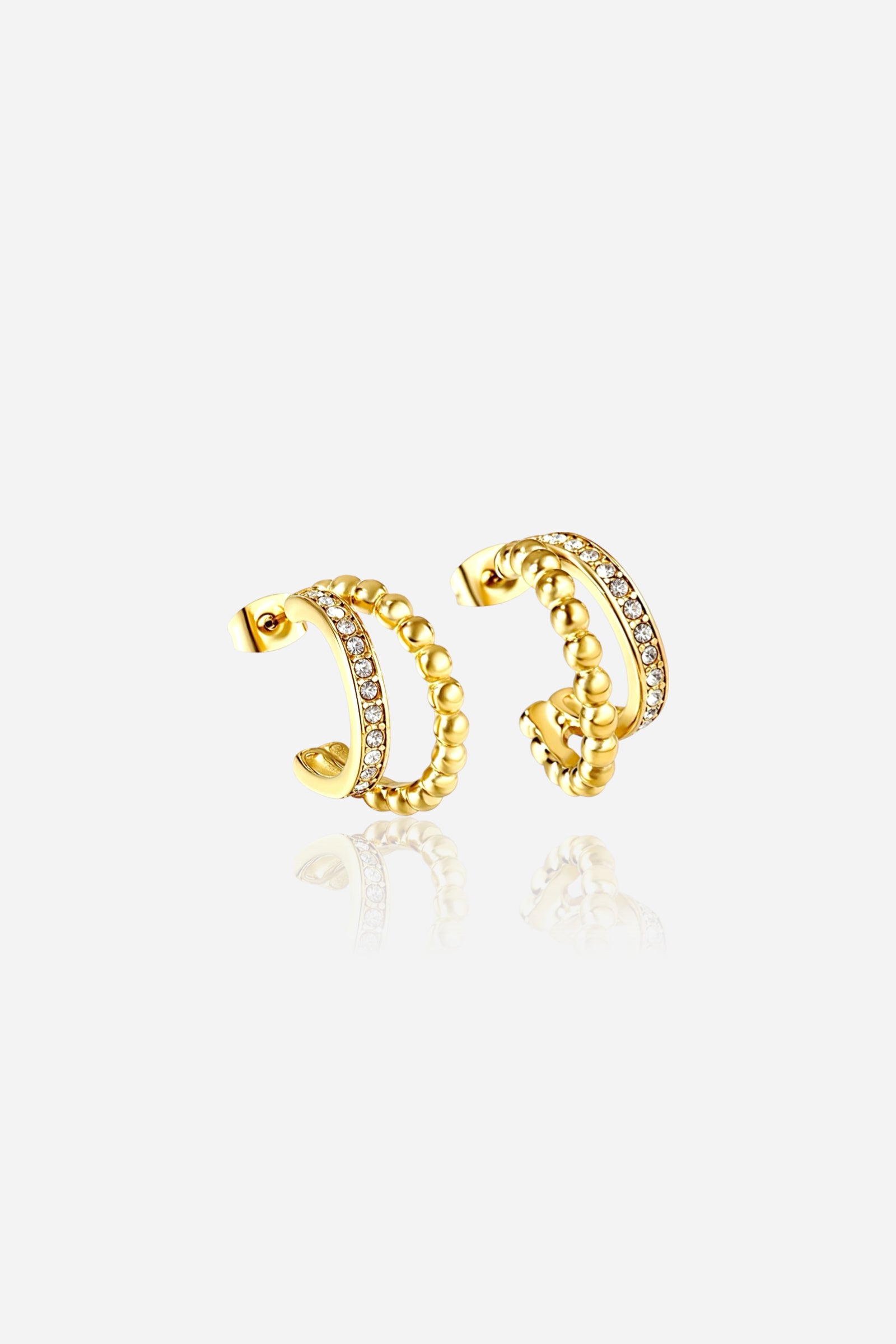 Angled view of double row beaded crystal hoop earrings in 18K gold plated stainless steel with polished finish – GLISTIA jewellery