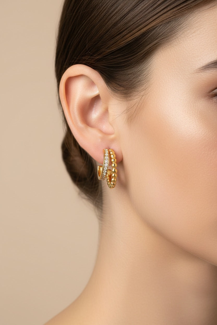 Side view of double row beaded crystal hoop earrings in 18K PVD gold plated stainless steel with beaded and crystal design