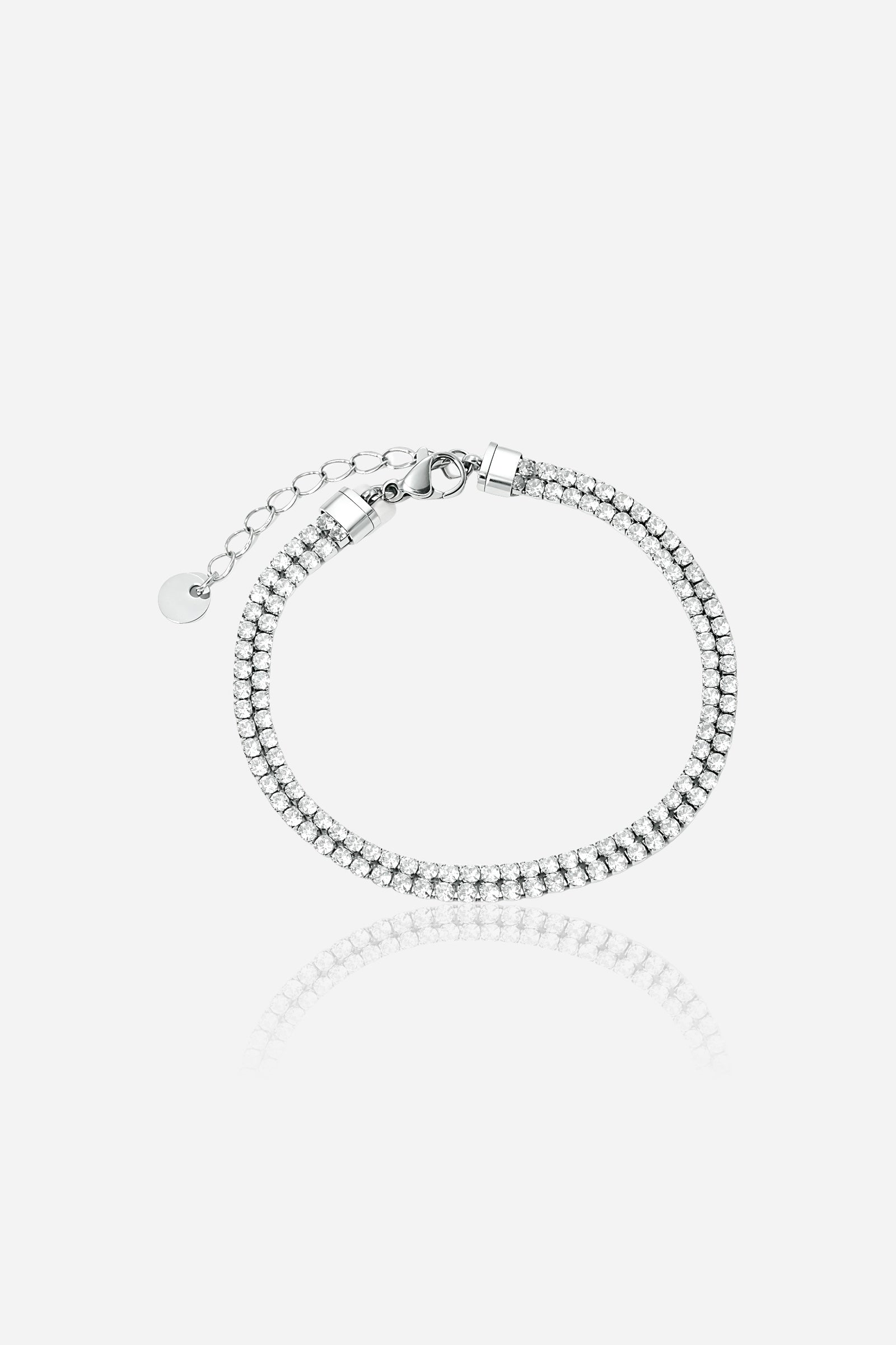 Dual row crystal tennis bracelet in polished silver stainless steel, front view – GLISTIA