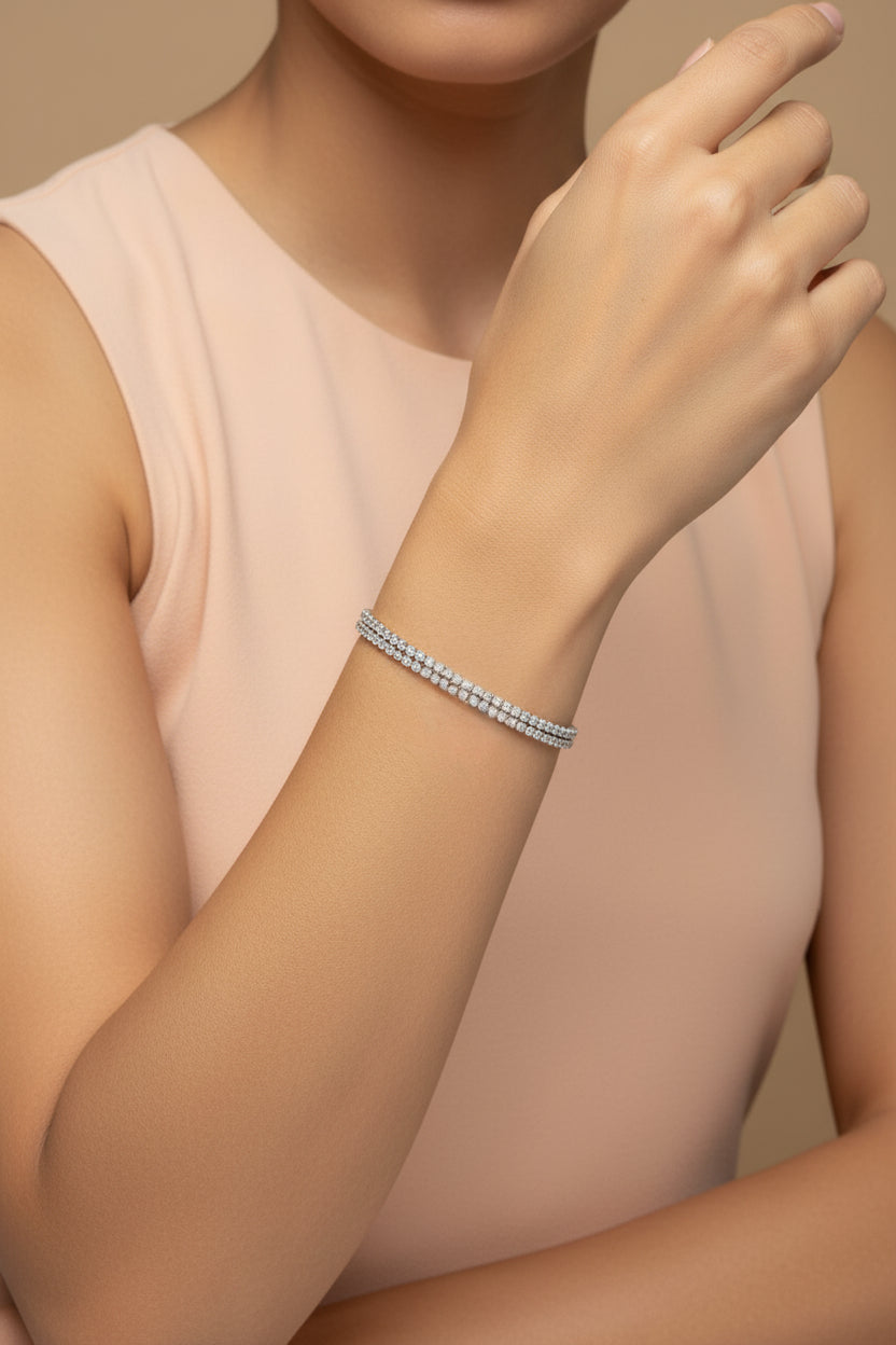 Dual Row Crystal Tennis bracelet in silver stainless steel with elegant double-row crystal detailing