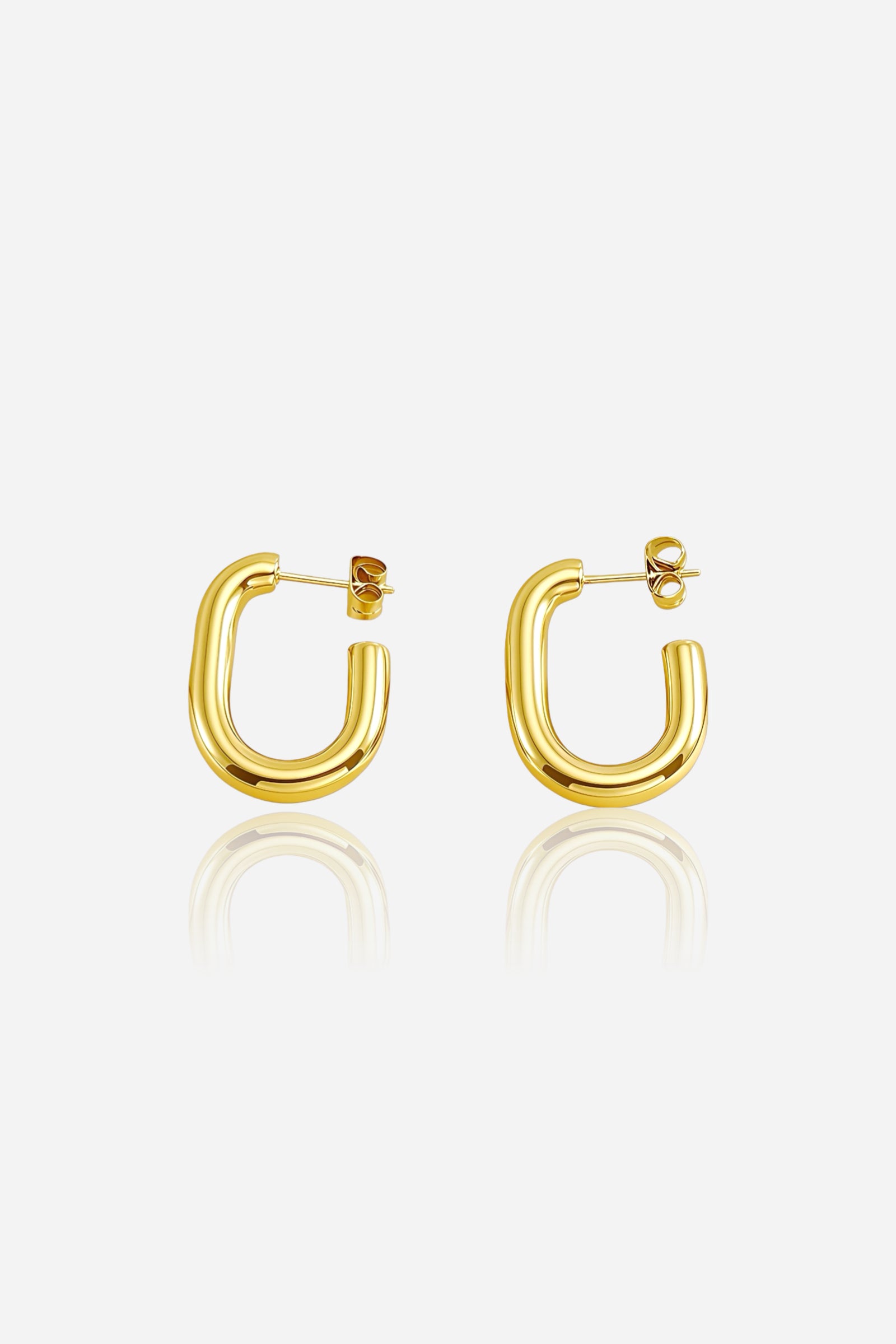 Front view of Elara gold hoop earrings crafted in 18K PVD gold plated stainless steel with a modern rounded design – GLISTIA jewellery