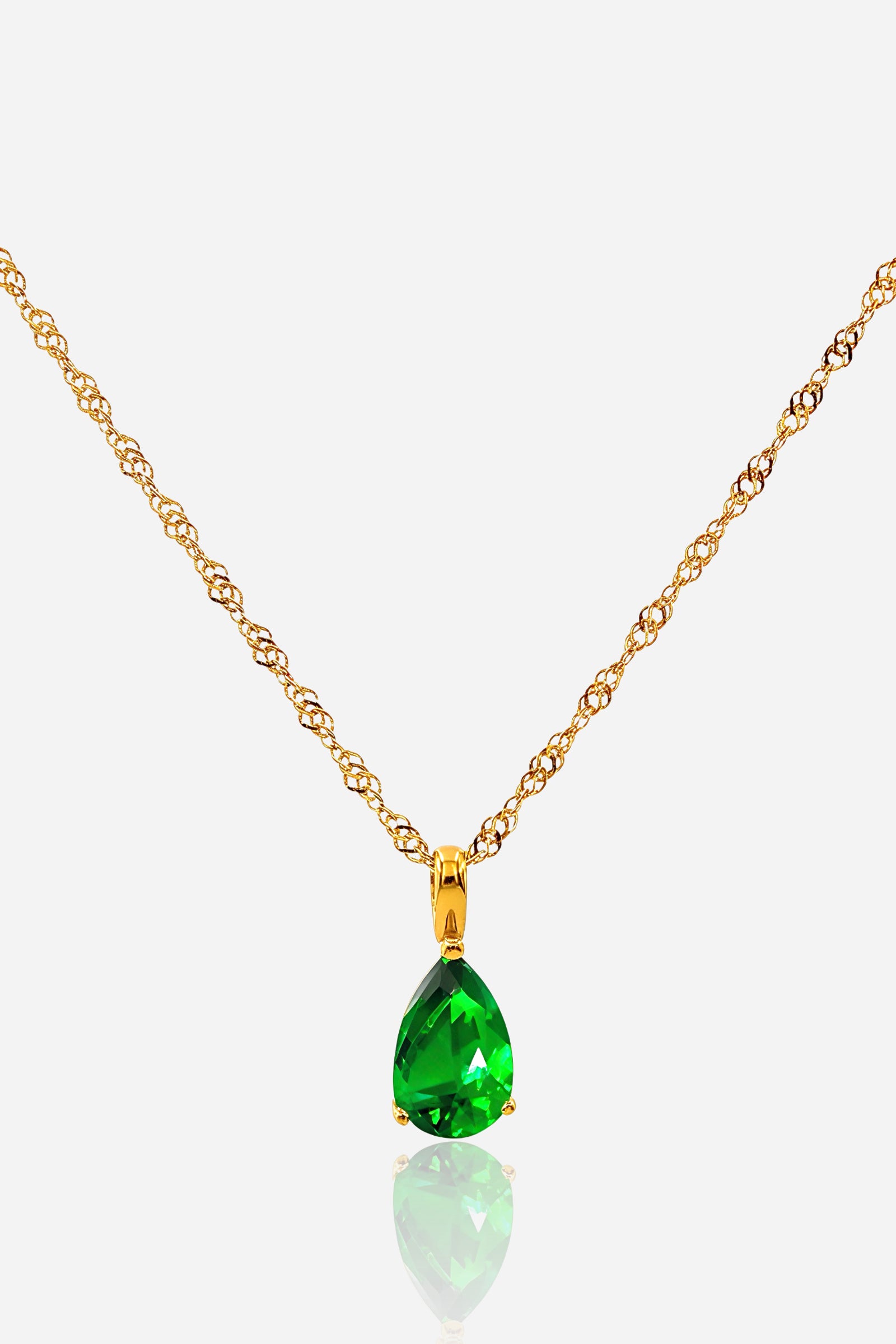 Emerald birthstone pendant necklace for May with pear-cut green zircon on 18K PVD gold-plated chain – GLISTIA