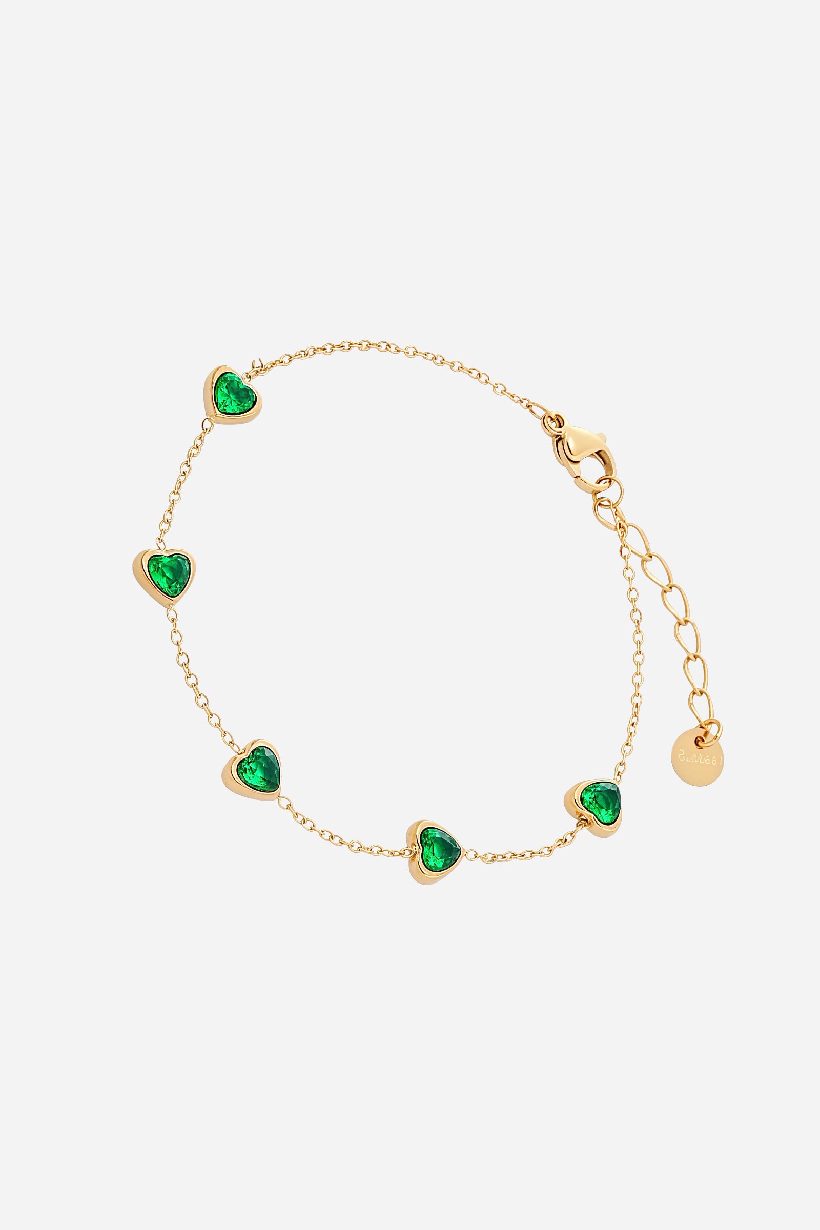 GLISTIA emerald heart charm chain bracelet in PVD 18K gold plated stainless steel shown from the front.