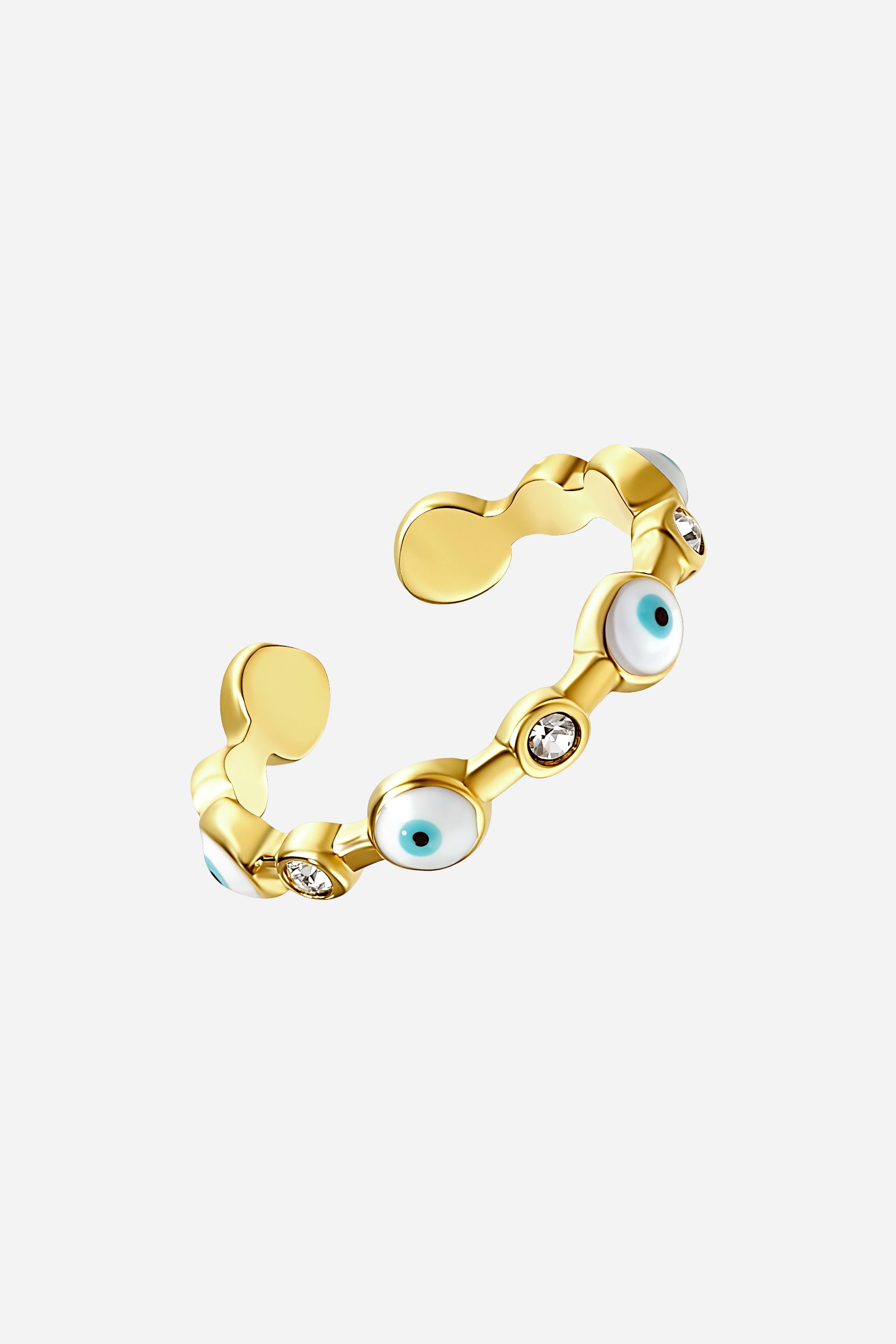 Side-angle image of GLISTIA gold evil eye ring showcasing the open-back adjustable design and enamel detailing.