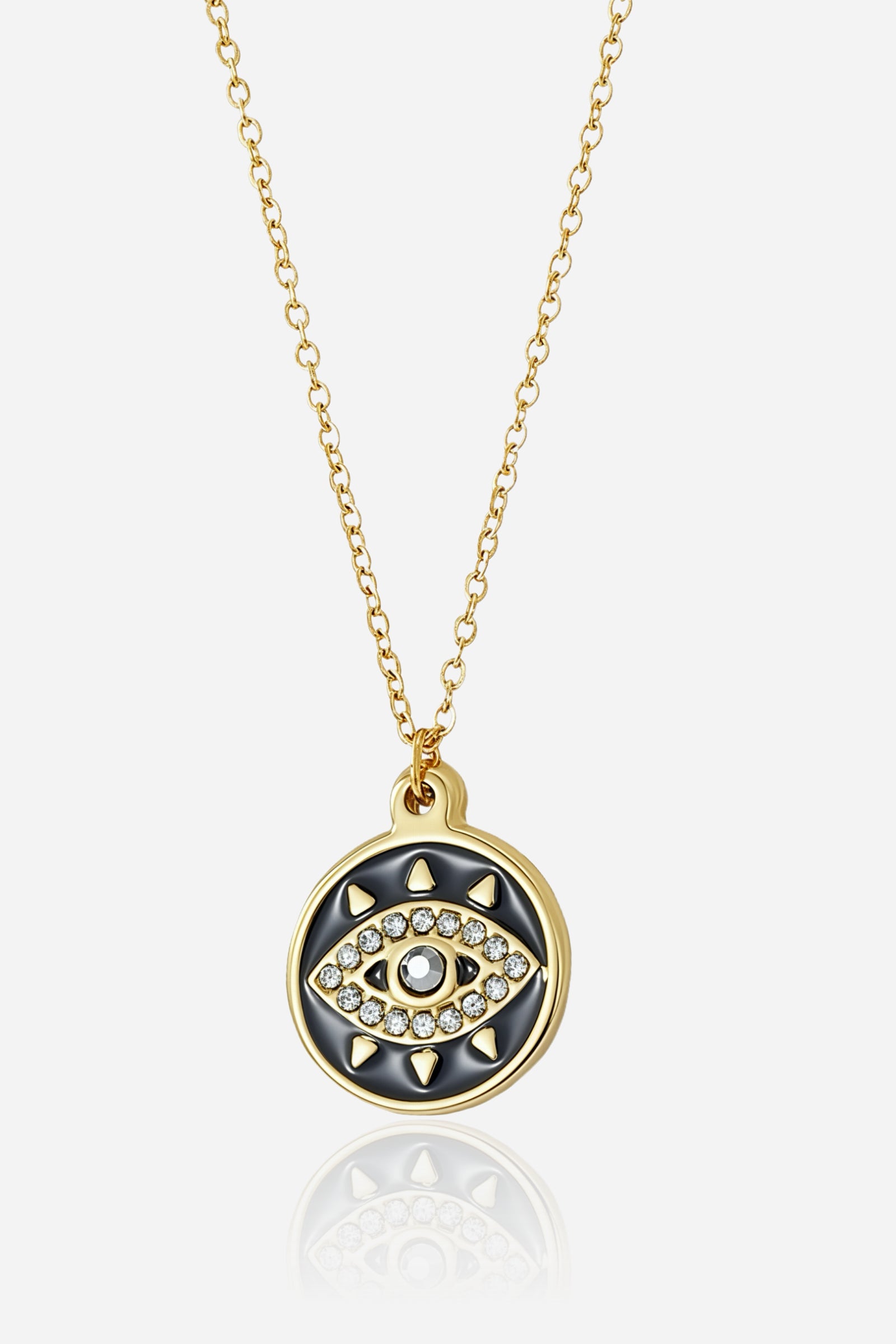 Front view of GLISTIA Evil Eye Pendant Necklace with gold-plated medallion.