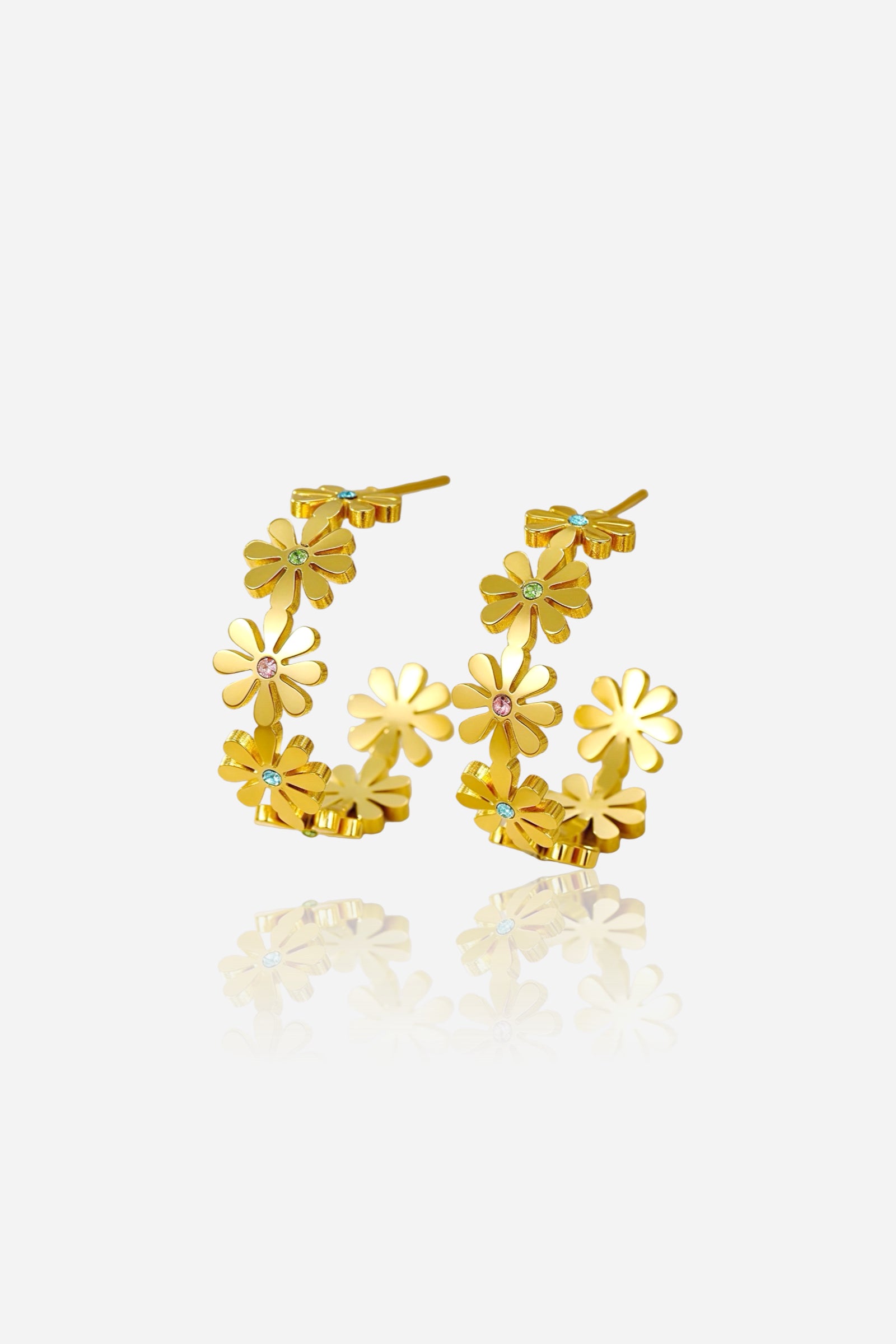 Floral daisy C-hoop earrings in 18K gold plated stainless steel featuring colourful crystal accents – GLISTIA jewellery