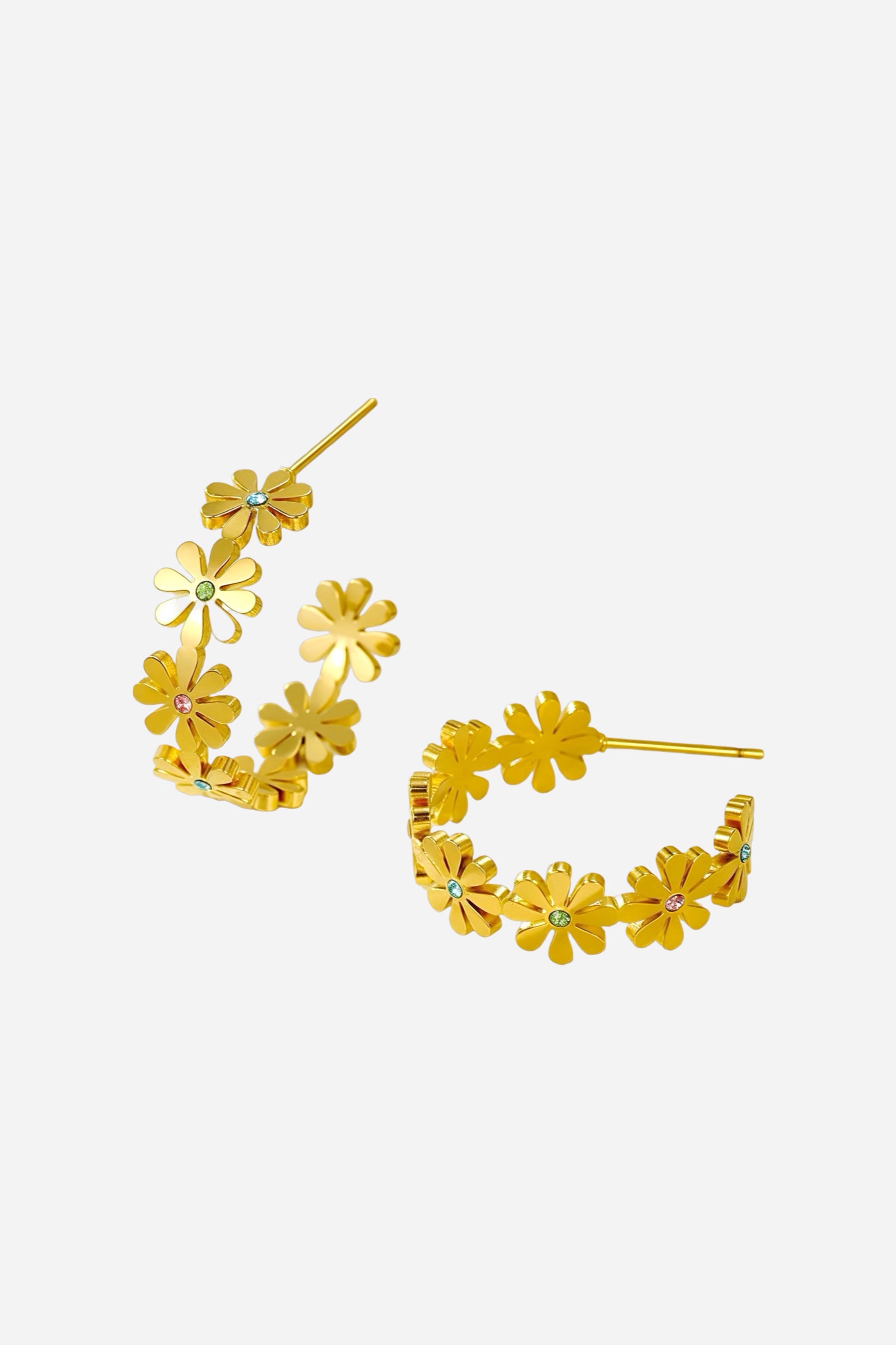 Side view of floral daisy hoop earrings in 18K gold plated stainless steel featuring colourful crystal accents – GLISTIA jewellery