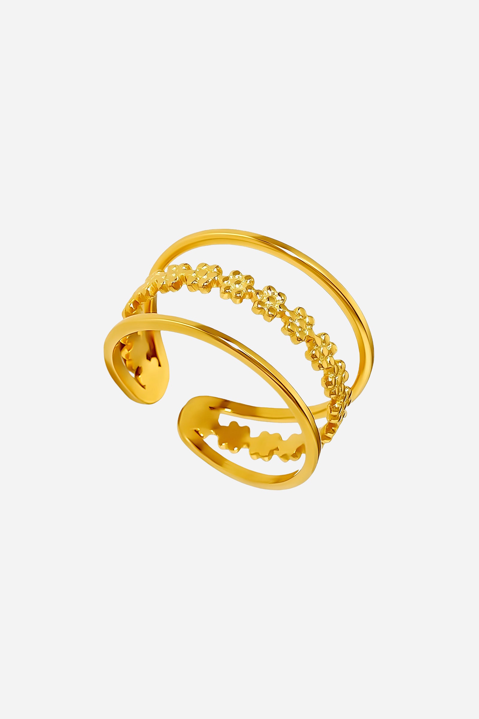 Close-up of GLISTIA PVD 18K gold plated dual band ring highlighting the detailed floral texture and reflective gold finish.