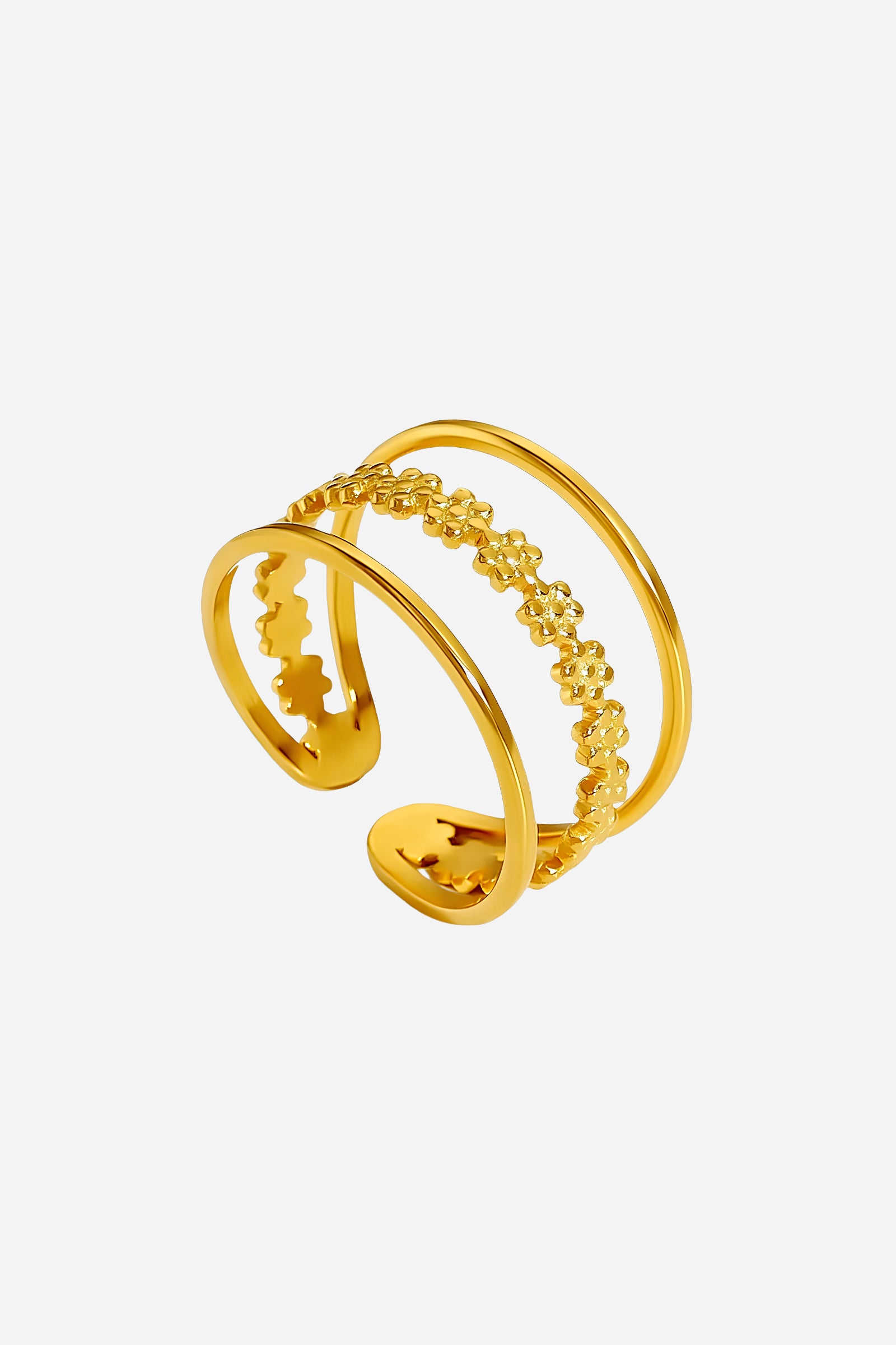 Side-angle image of GLISTIA Floral Dual Band Adjustable Ring showcasing the open-back adjustable design and intricate floral pattern.