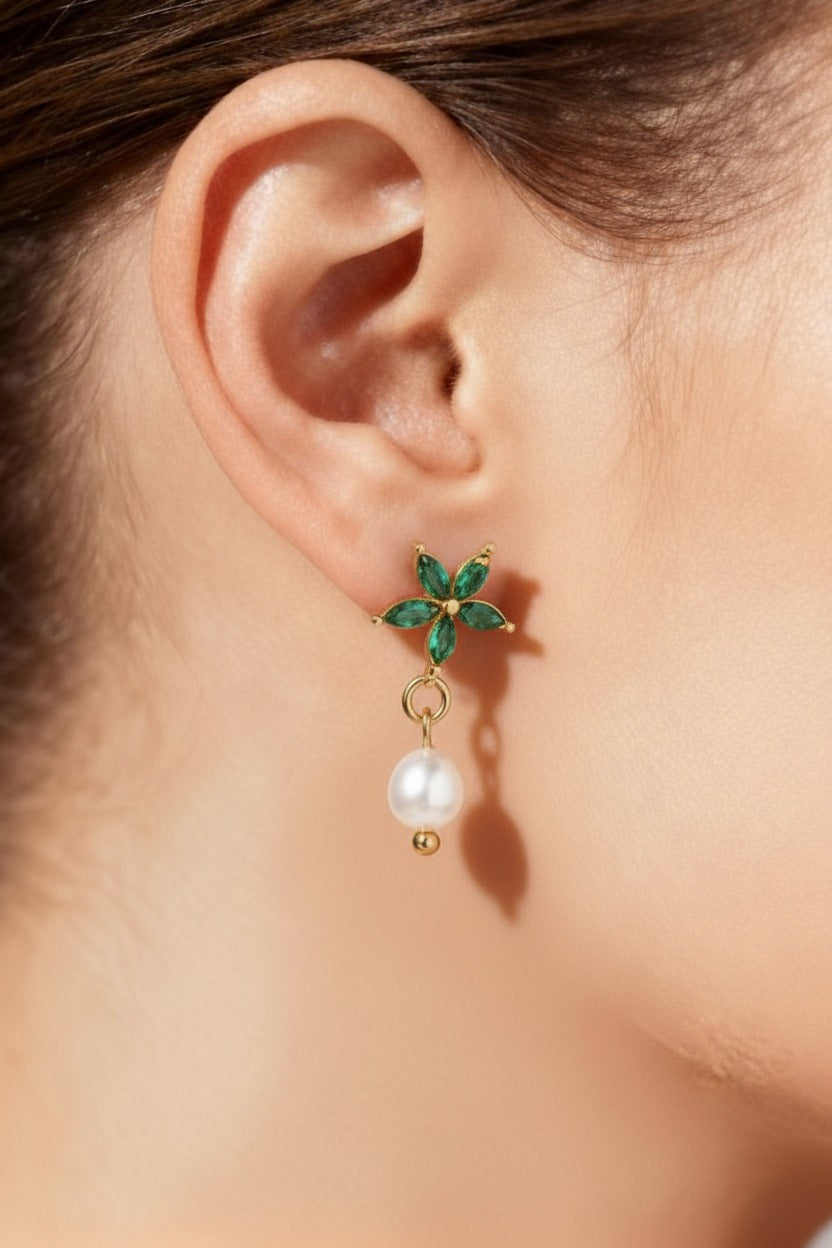 Floral emerald cubic zirconia and pearl drop earrings in 18K PVD gold plated stainless steel