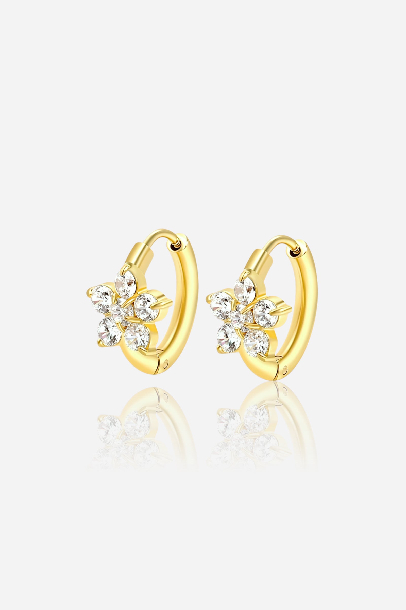 Elegant gold hoop earrings crafted from stainless steel with PVD 18K gold plating, featuring a sparkling flower-shaped cubic zirconia cluster design – GLISTIA.